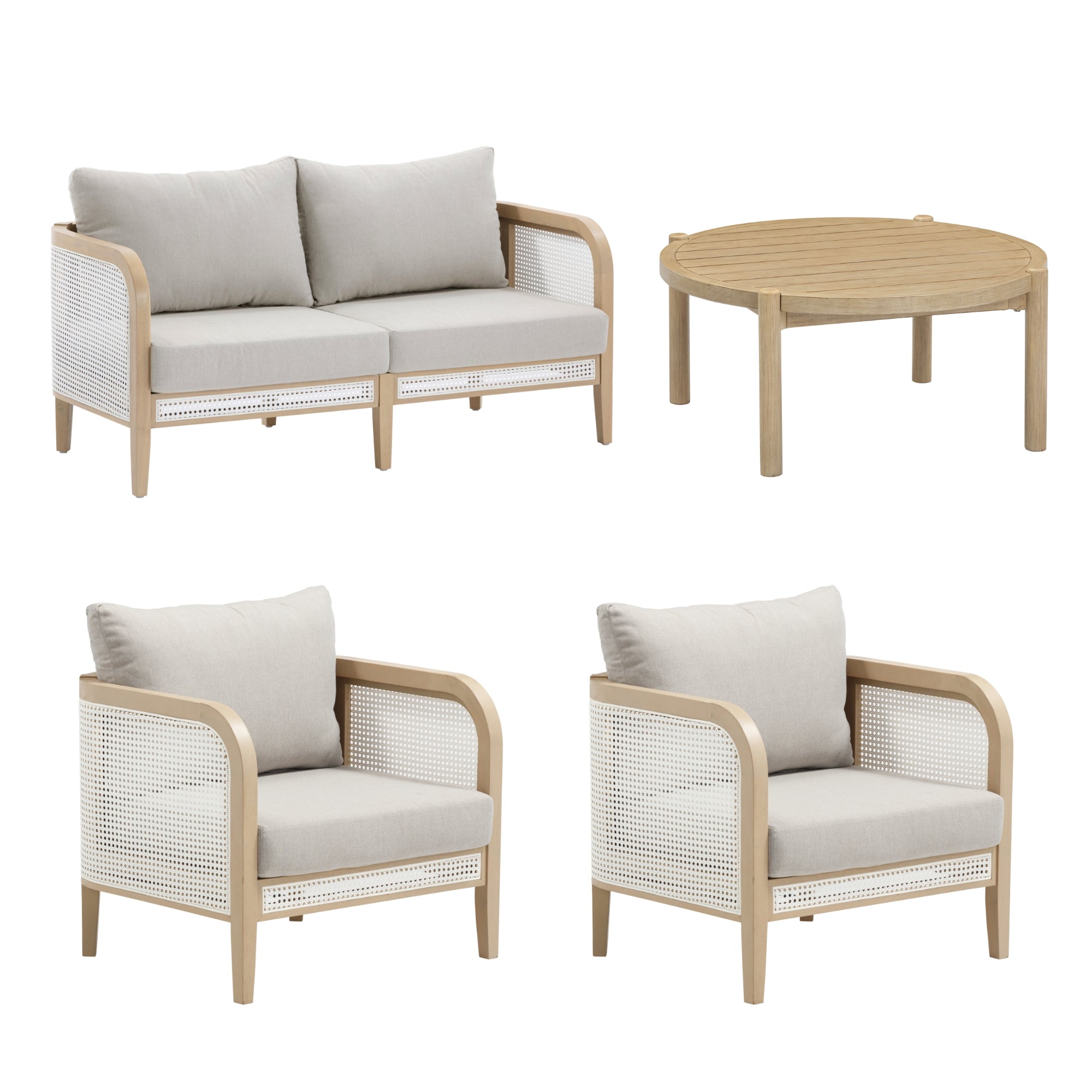 Outdoor furniture set with a light wood frame and light gray cushions, including a two-seat sofa, two armchairs, and a round wooden coffee table, all on a white background.