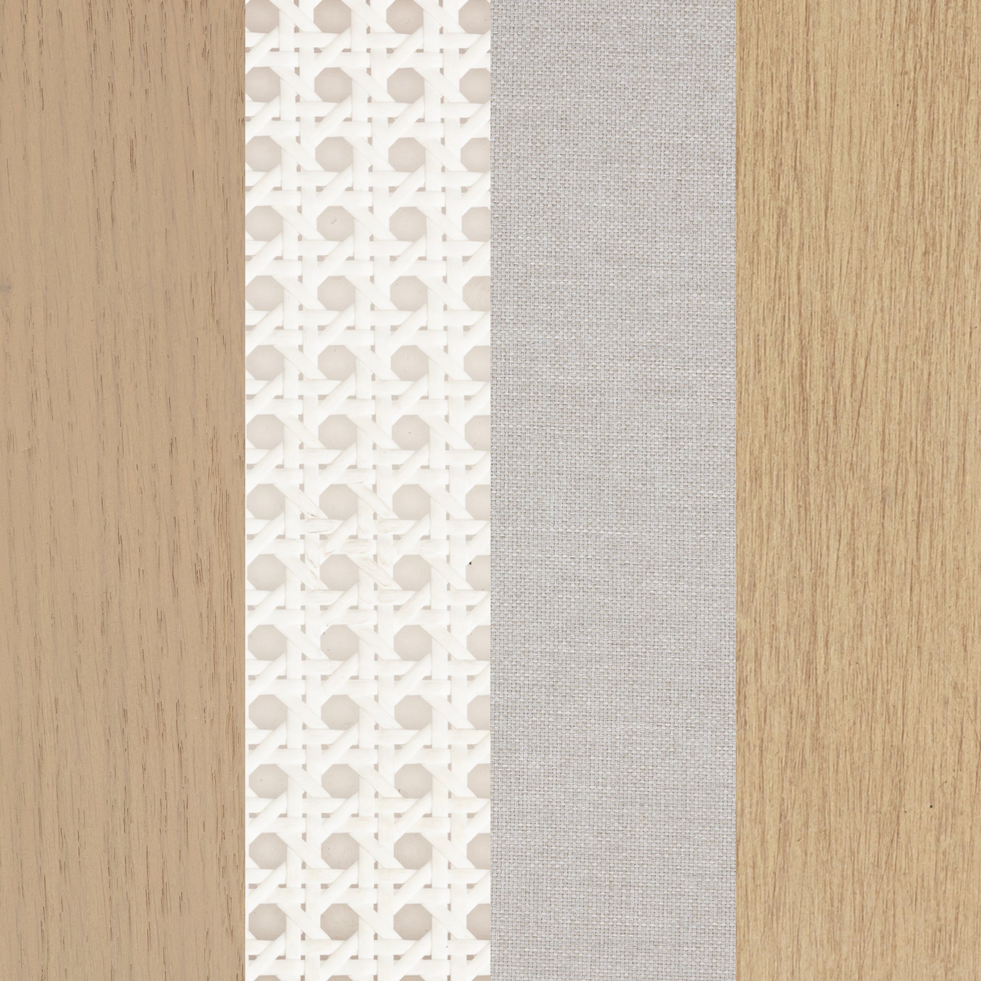 Four vertical panels showing different textures: light wood grain, white geometric embossed pattern, light grey woven fabric, and a second light wood grain with a slightly different shade.