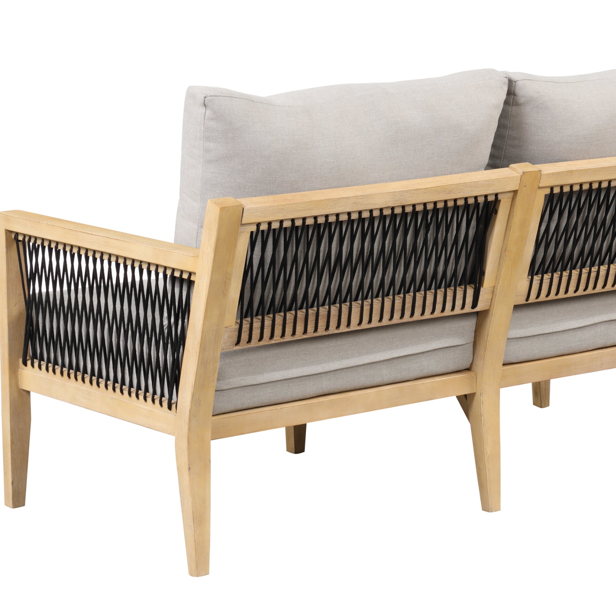 A light wood-framed sofa with beige cushions and black woven rope detailing on the back and sides, viewed from an angled rear perspective.