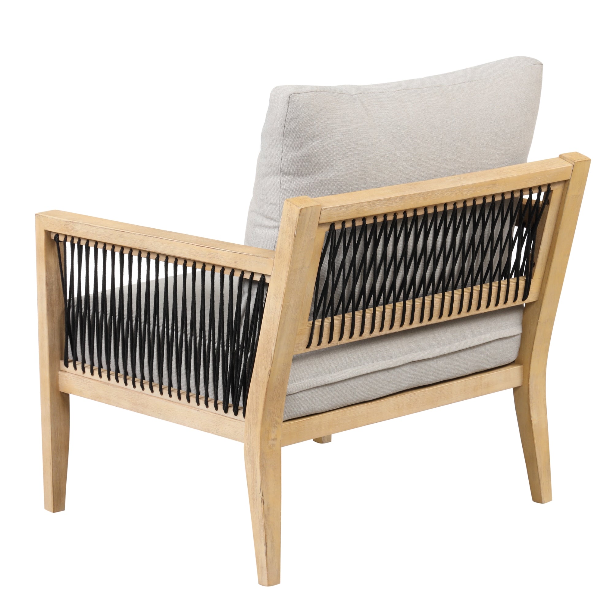 A modern wooden armchair with light-colored cushions and black woven rope detailing on the back and sides, viewed from an angle behind and to the side.
