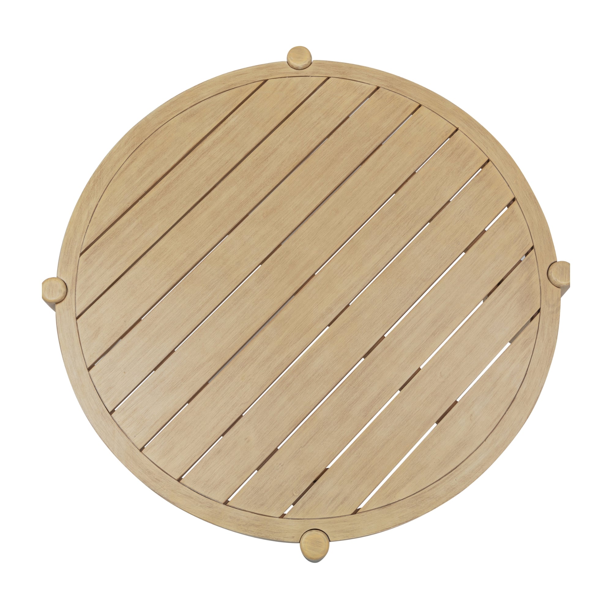 Round wooden tabletop with evenly spaced diagonal slats and four small circular knobs spaced evenly around the edge, photographed from above against a white background.