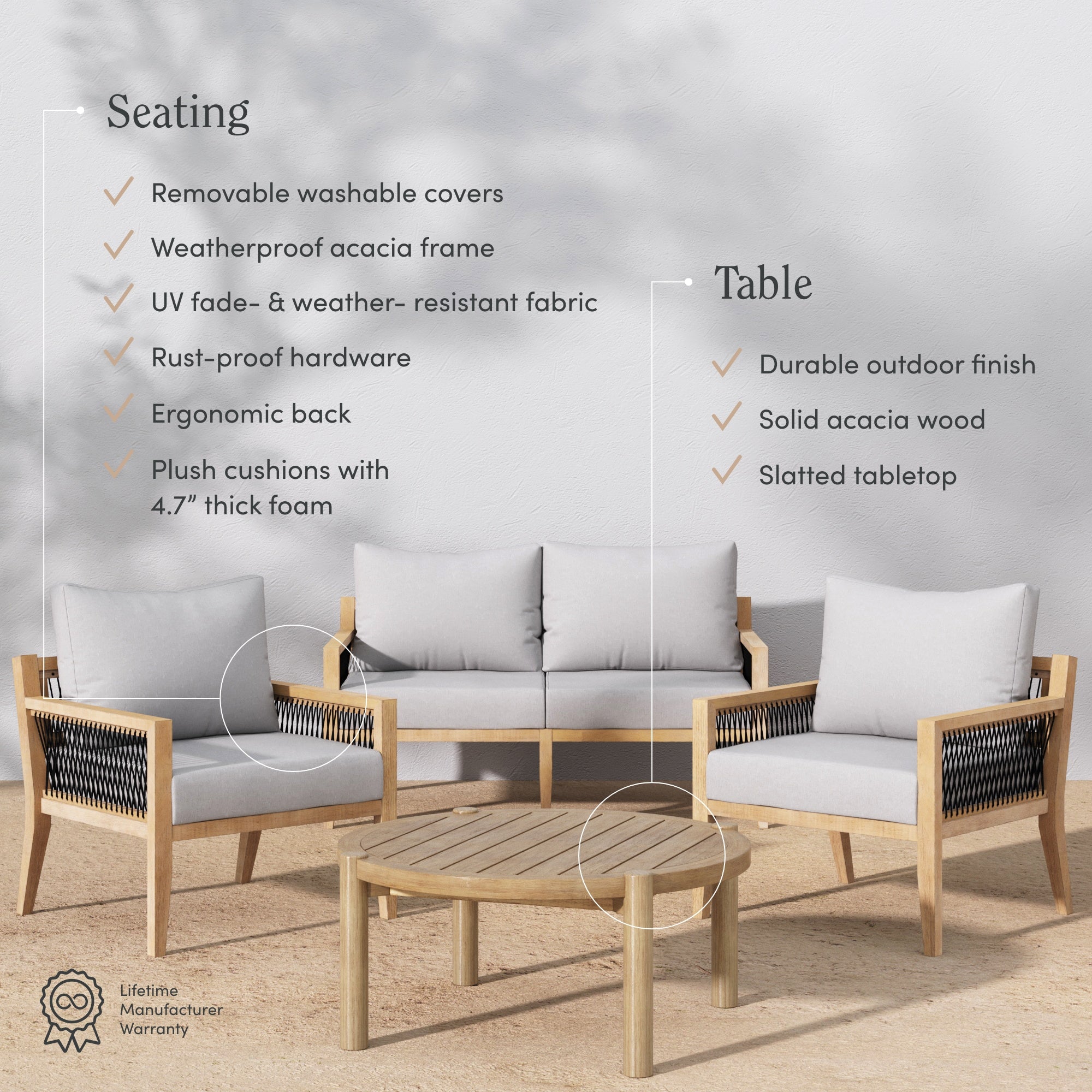 Outdoor patio furniture set with light wood frames and gray cushions, including a sofa, two armchairs, and a slatted coffee table. Text highlights features like washable covers, ergonomic back, and durable materials.
