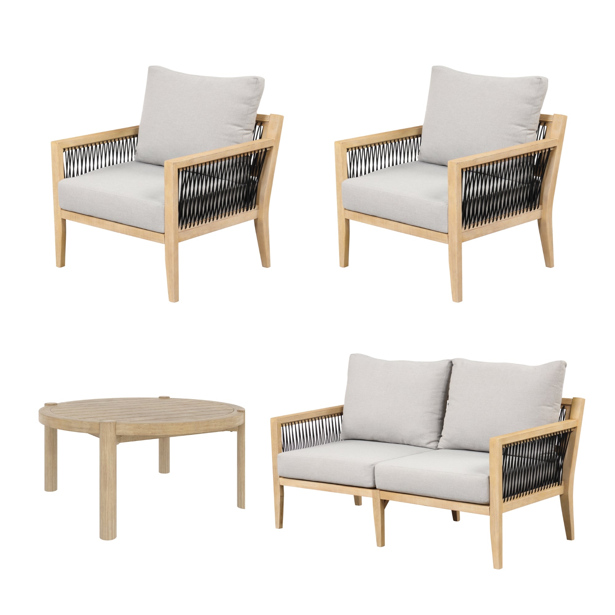 Four-piece outdoor furniture set including two armchairs, a loveseat, and a round coffee table. All seats have light gray cushions and wooden frames with black rope accents; the table is plain wood.