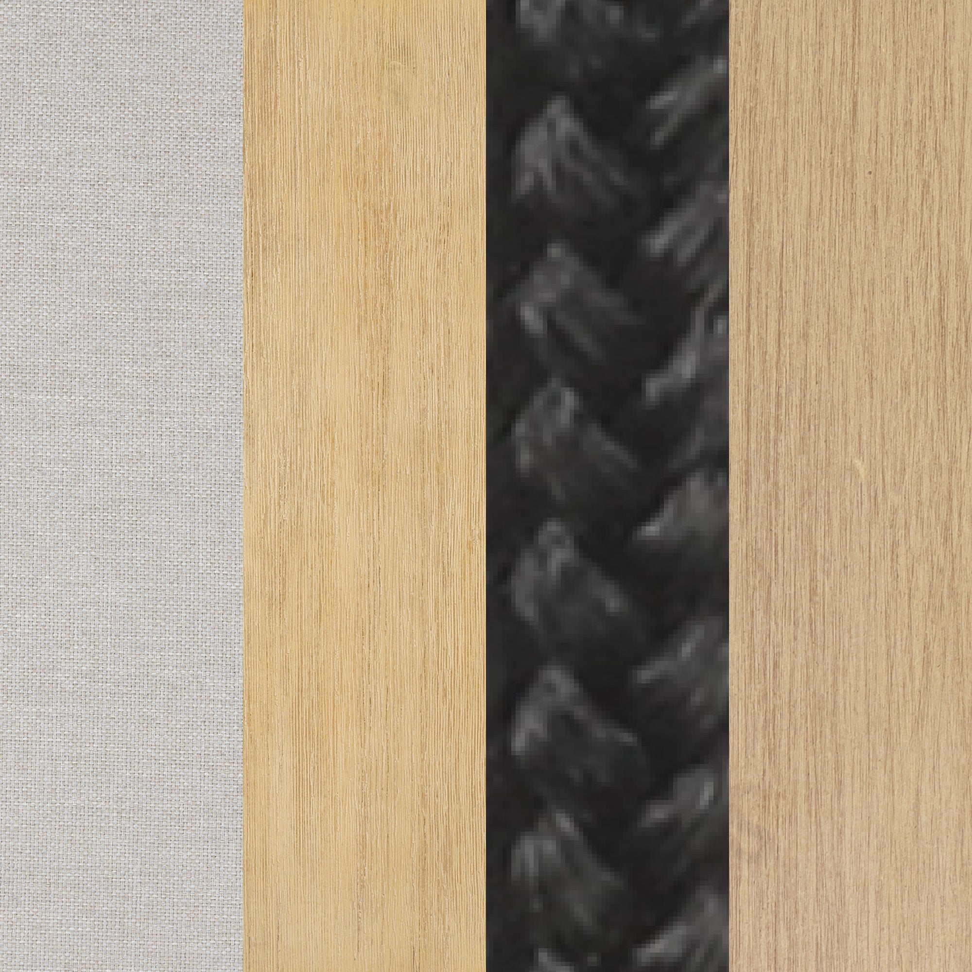 Four vertical strips: light gray fabric, pale wood, black braided rope, and light brown wood, arranged side by side, showing contrasting textures and colors.