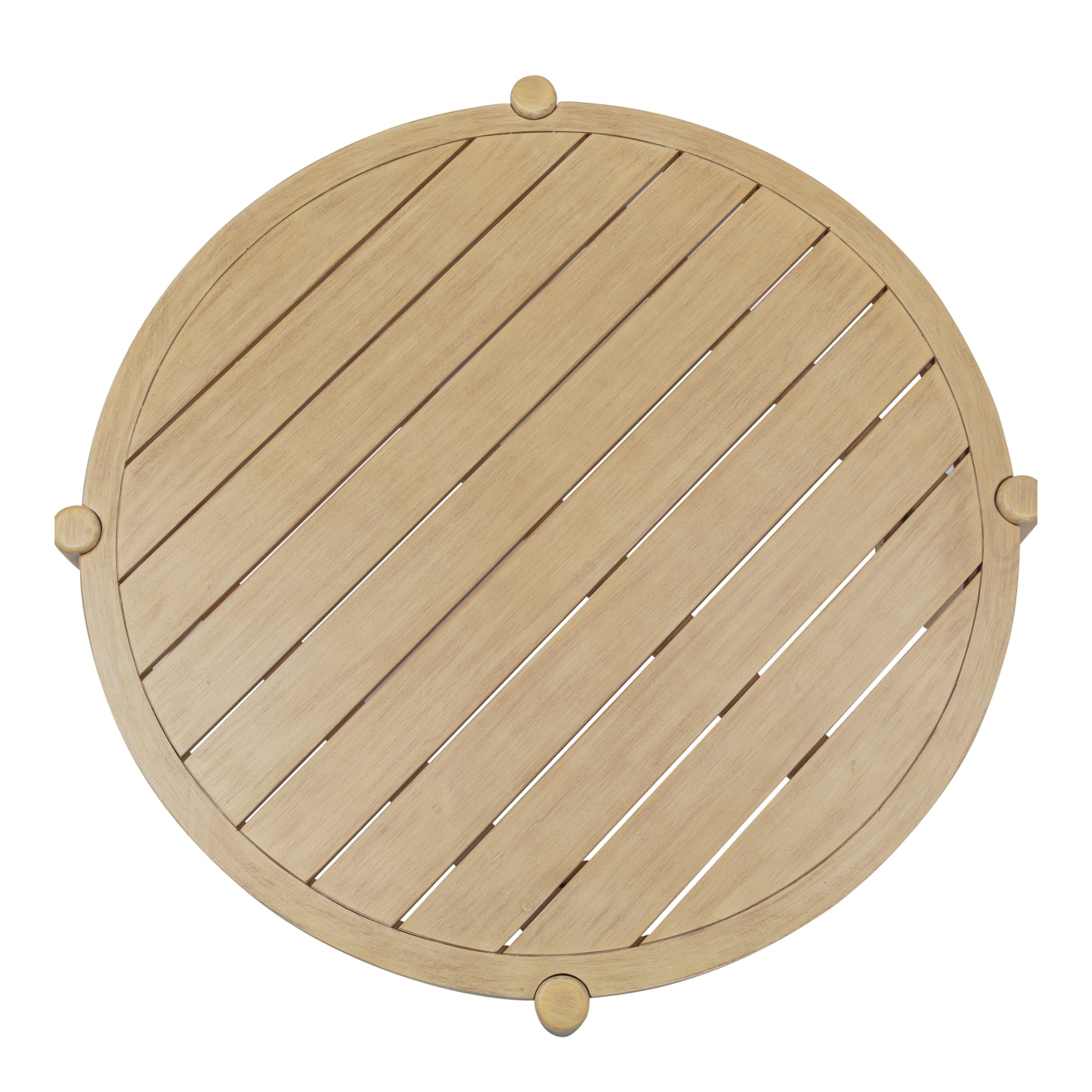 A round wooden tabletop with diagonal slats and four evenly spaced circular pegs around the edge, viewed from above.