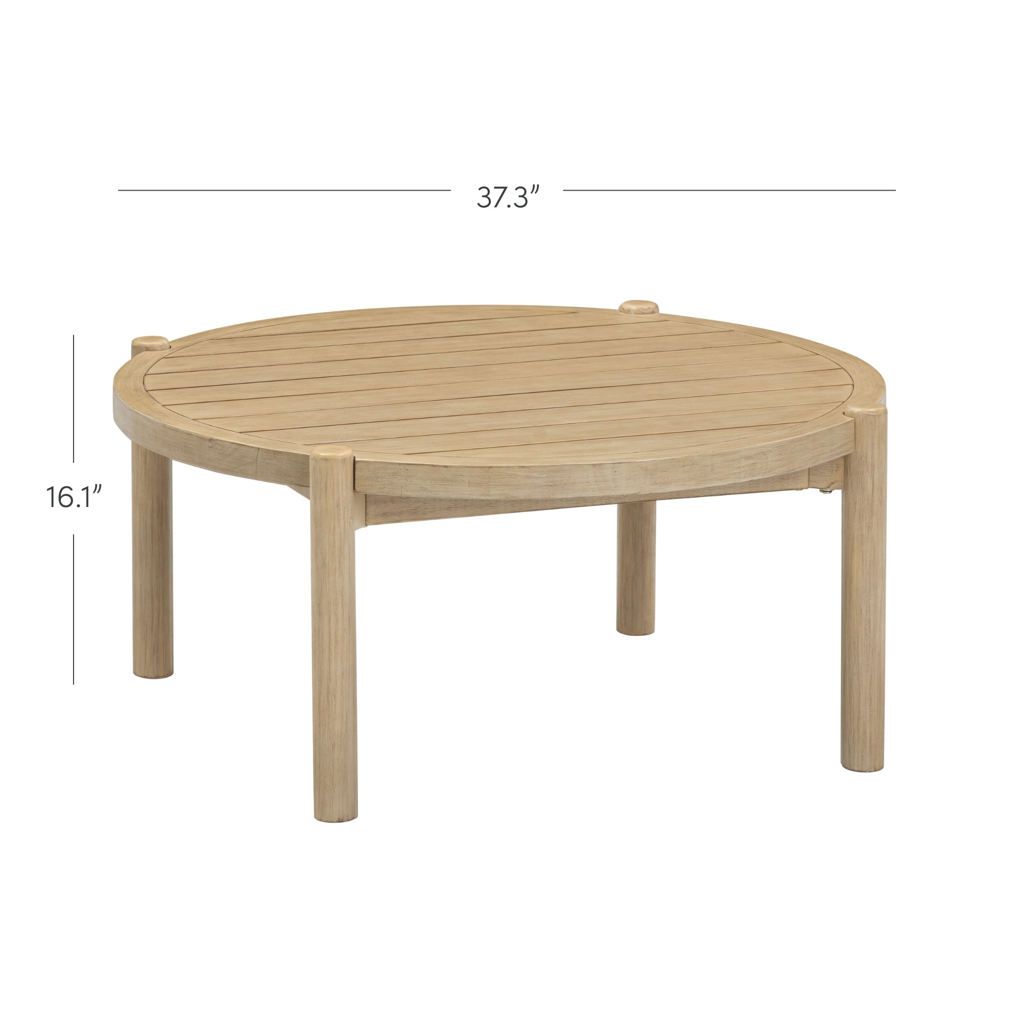 A round wooden coffee table with four legs, measuring 37.3 inches in diameter and 16.1 inches in height. The tabletop has a slatted design.