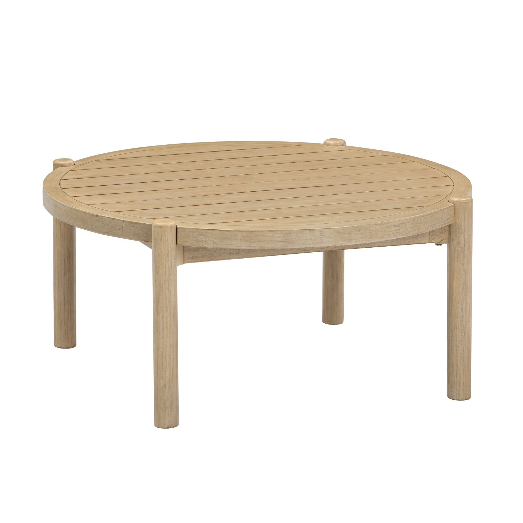 A round wooden coffee table with a slatted tabletop and four cylindrical legs, featuring a light natural wood finish.