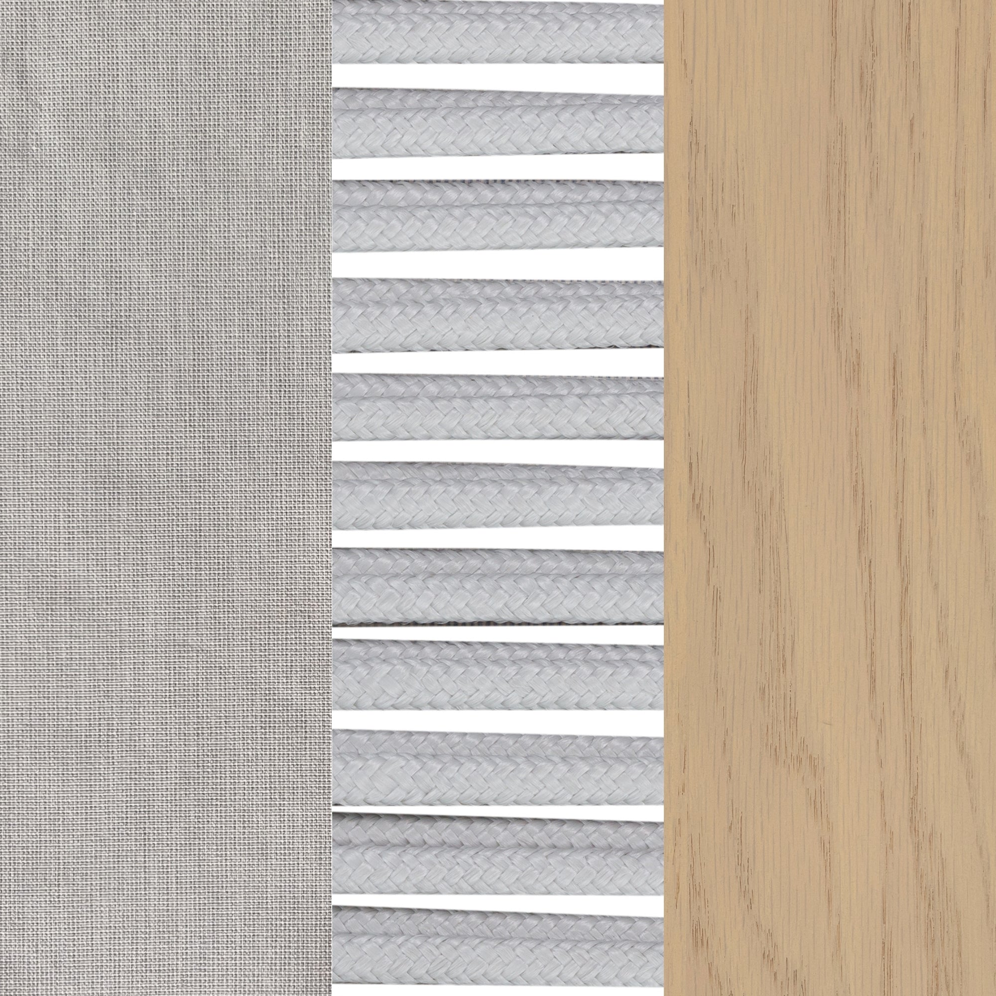 A close-up of three textures: light gray fabric on the left, white braided cords in the center, and light wood grain on the right, arranged in vertical panels.