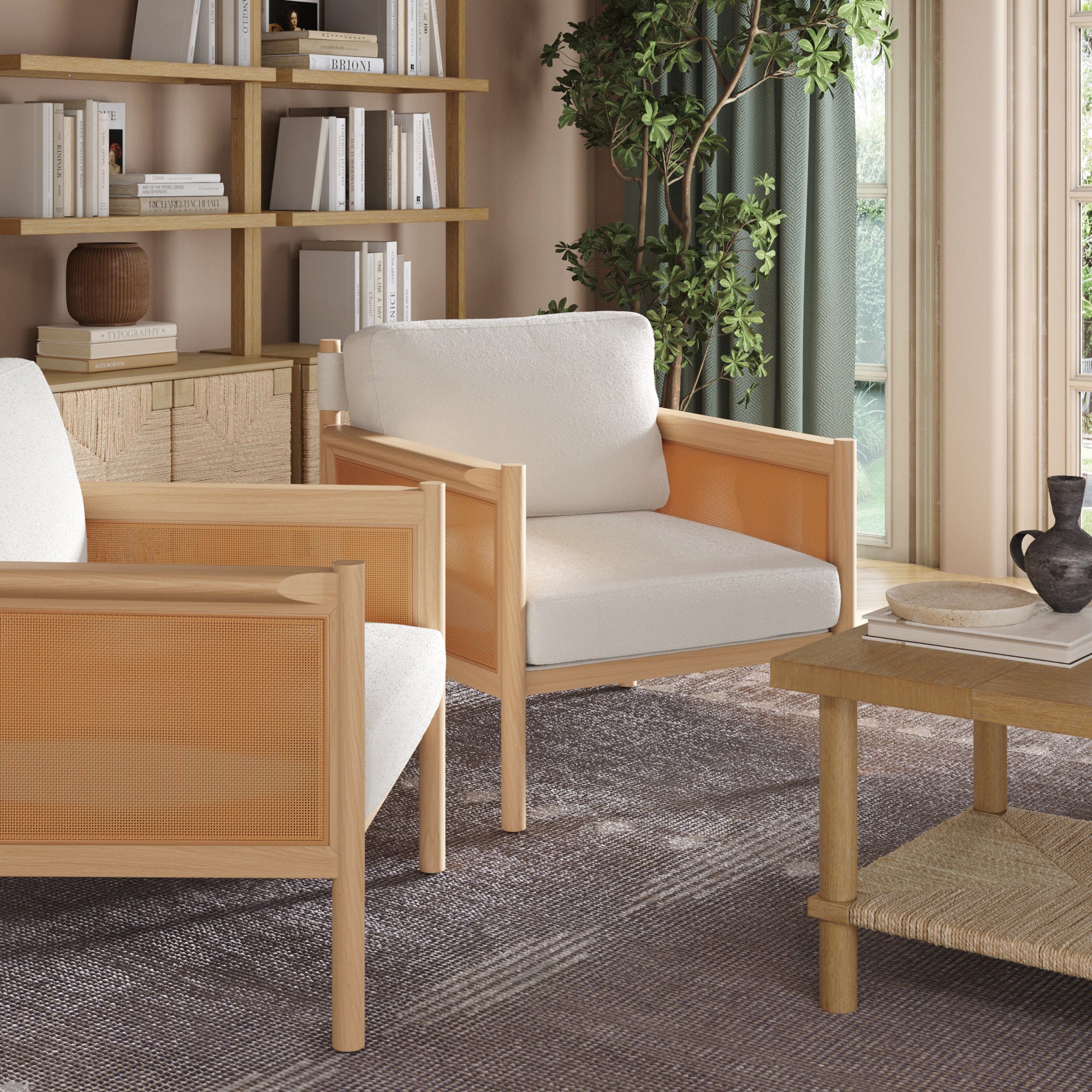 Solid Wood Boucle Accent Chair Rattan Arm Cream/Raw Oak (Set of 2)