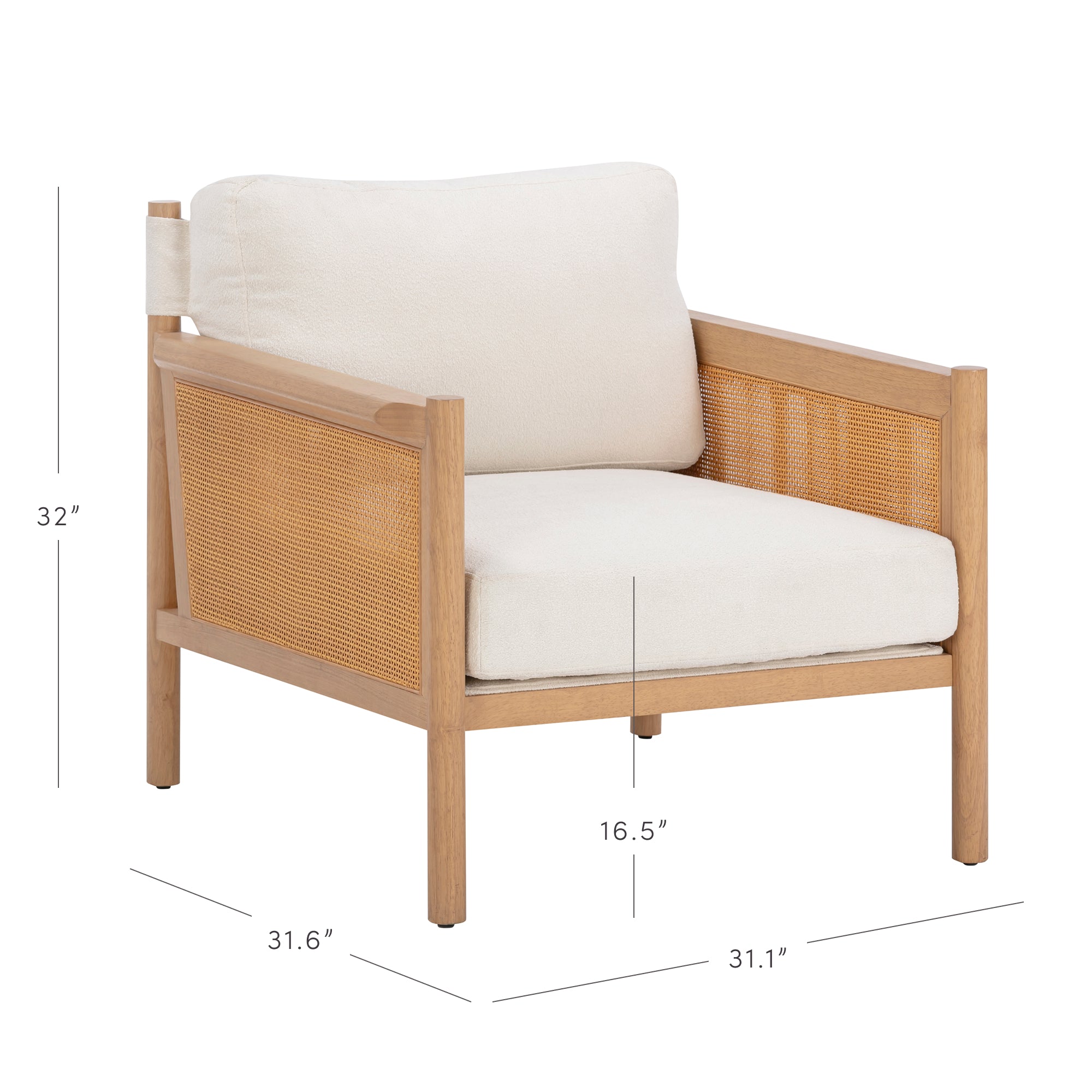 A modern armchair with light wood frame, woven cane side panels, and white cushions. The chair measures 32 high, 31.6 deep, 31.1 wide, with a seat height of 16.5.