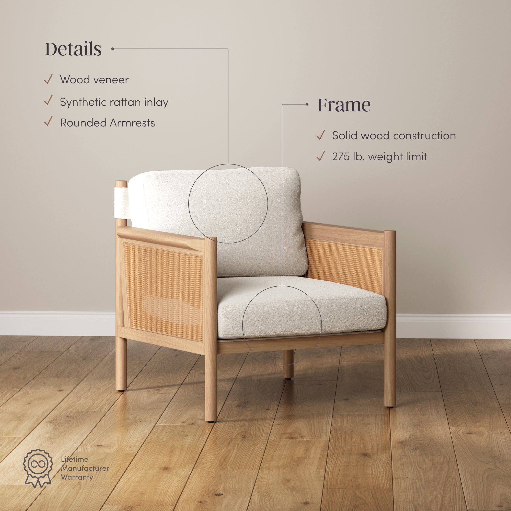 A modern accent chair with a light wood frame, synthetic rattan inlay, and rounded armrests sits on a wooden floor. Text highlights its features and a 275 lb. weight limit. A manufacturer warranty icon is visible.