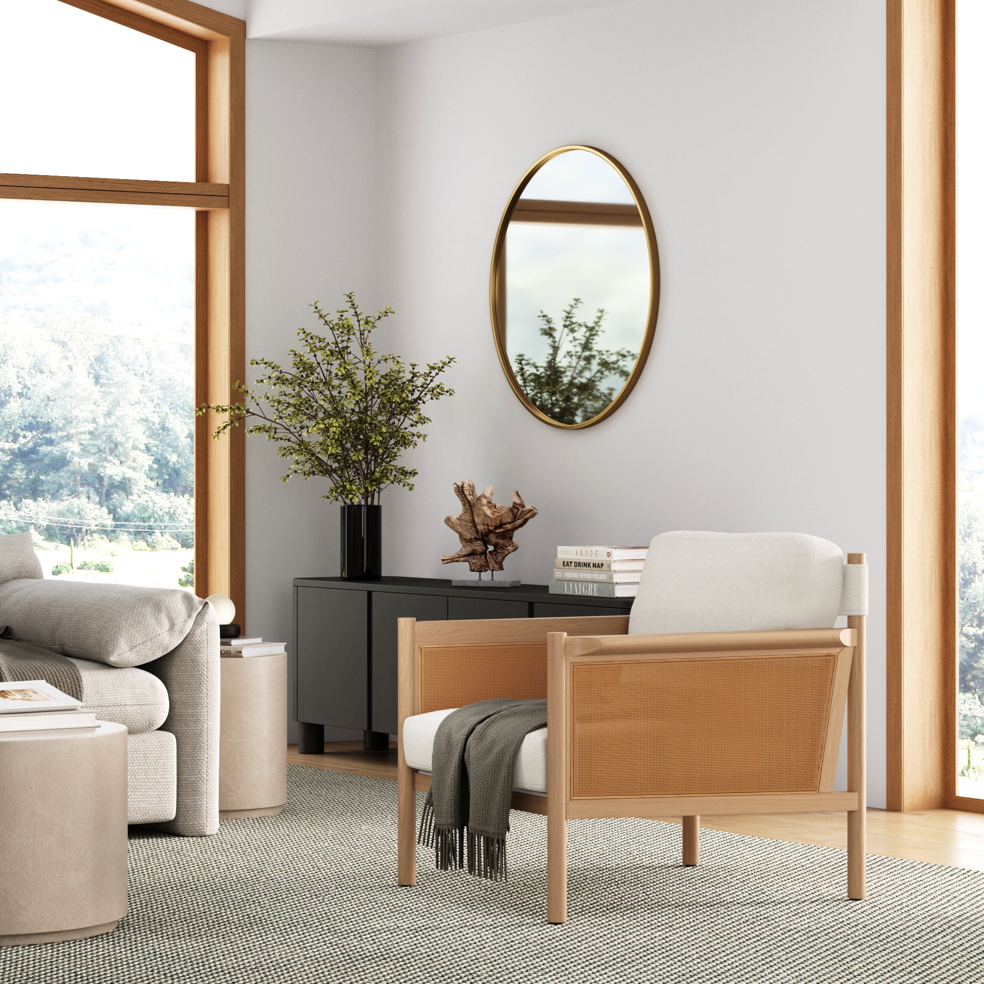 Solid Wood Boucle Accent Chair Rattan Arm Cream/Raw Oak