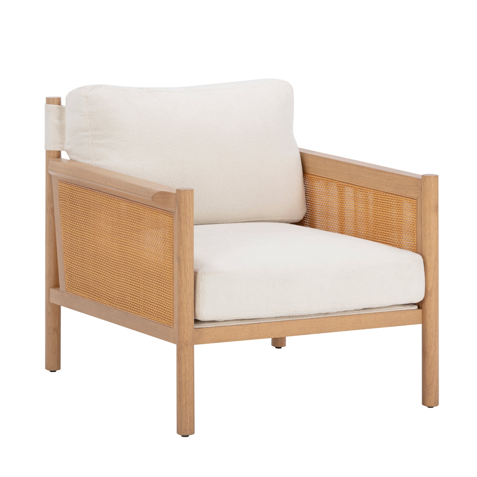 A modern lounge chair with a light wood frame, beige cushioned seat and backrest, and woven rattan panels on the sides and back.