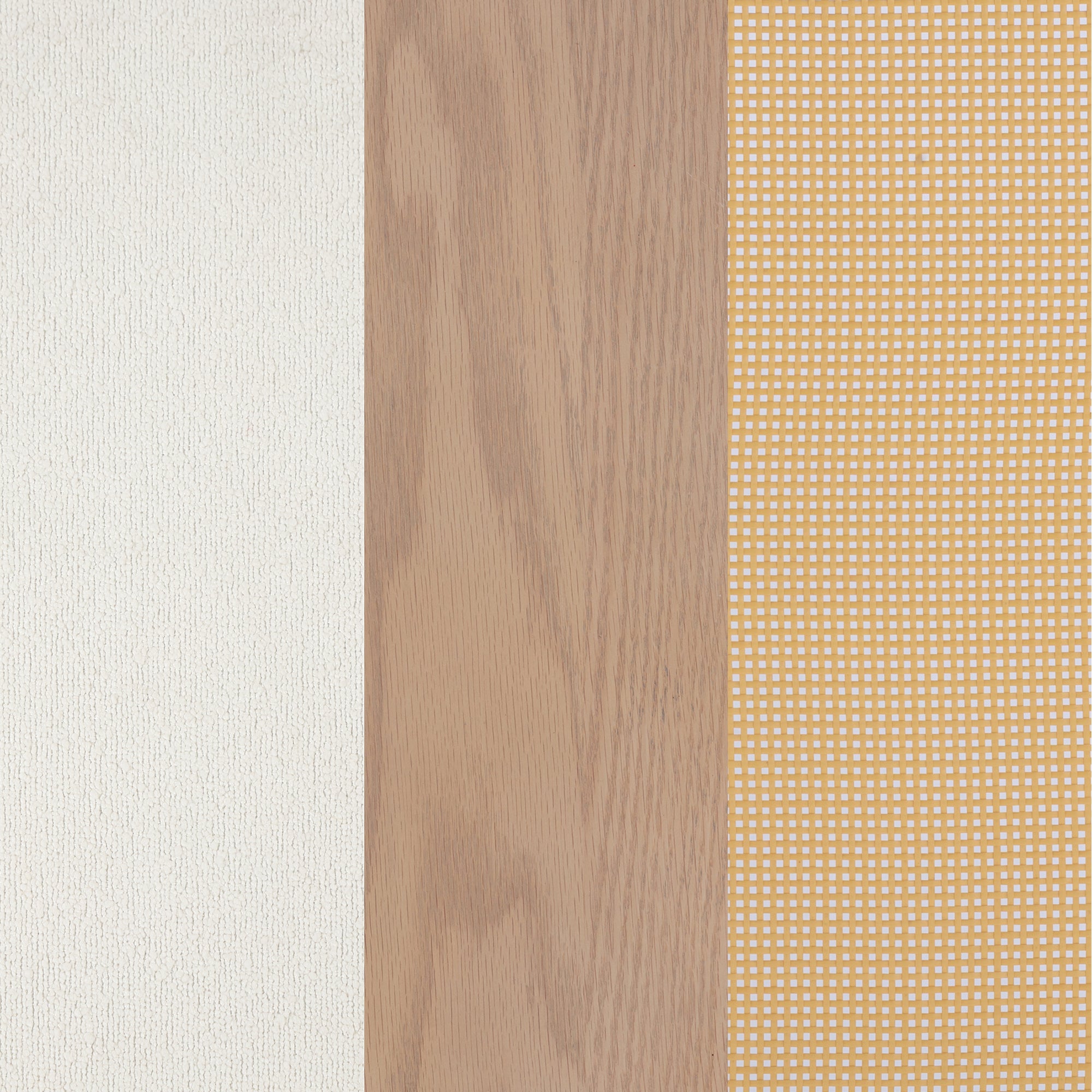 A vertical triptych featuring three sections: textured white on the left, natural wood grain in the center, and a yellow and white small grid pattern on the right.