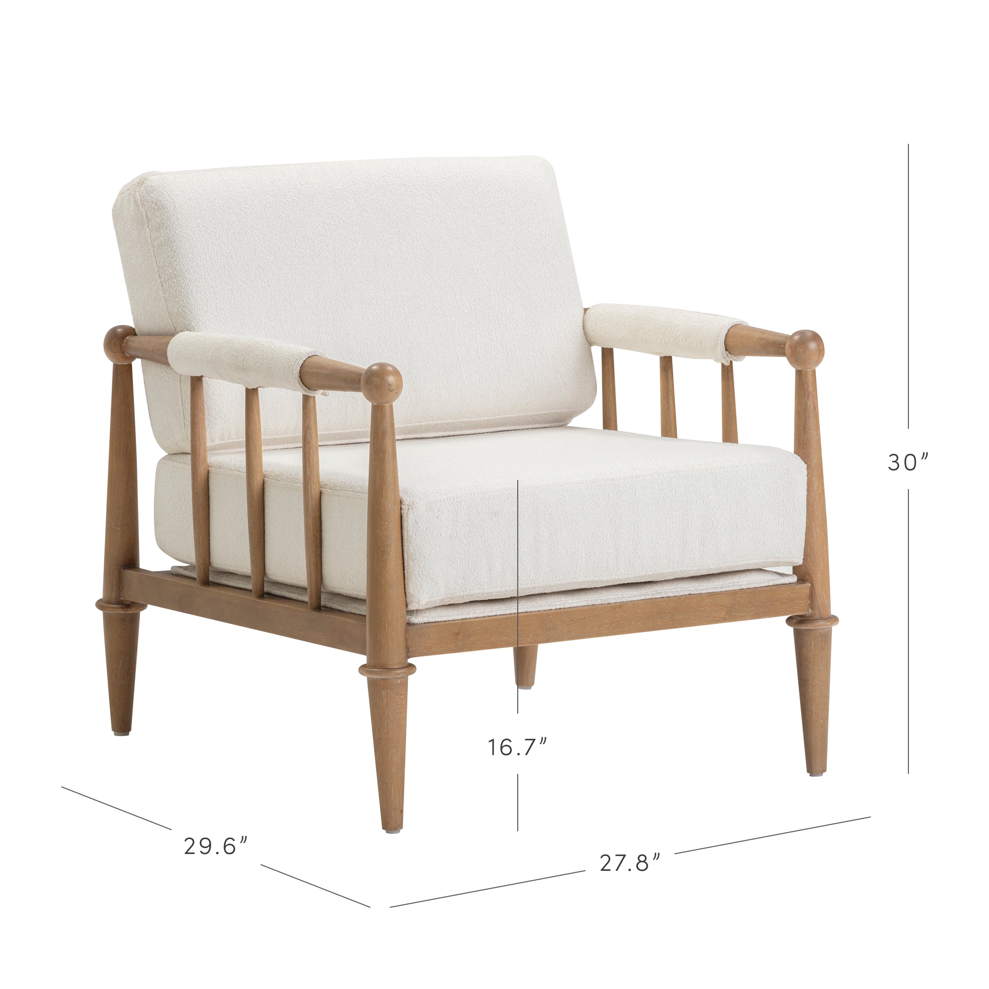 A wooden armchair with light beige cushions, spindle armrests, and tapered legs. Dimensions are 30 high, 29.6 wide, 27.8 deep, with a seat height of 16.7.