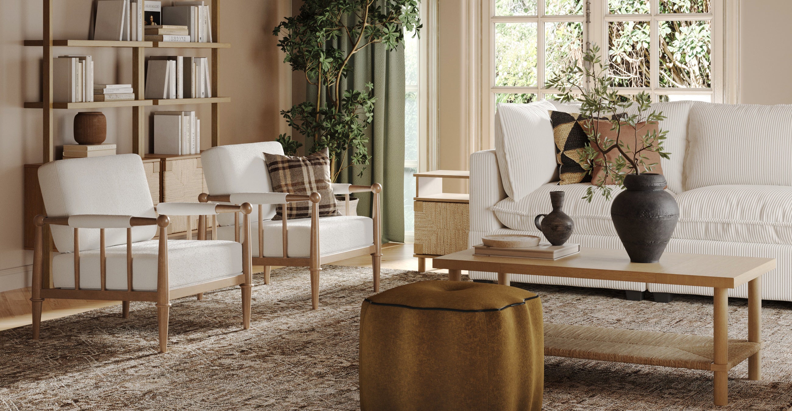 A cozy living room with two wooden armchairs with white cushions, a white sofa, a wooden coffee table with decorative vases, a green plant, and a bookshelf. Sunlight streams in through large windows.