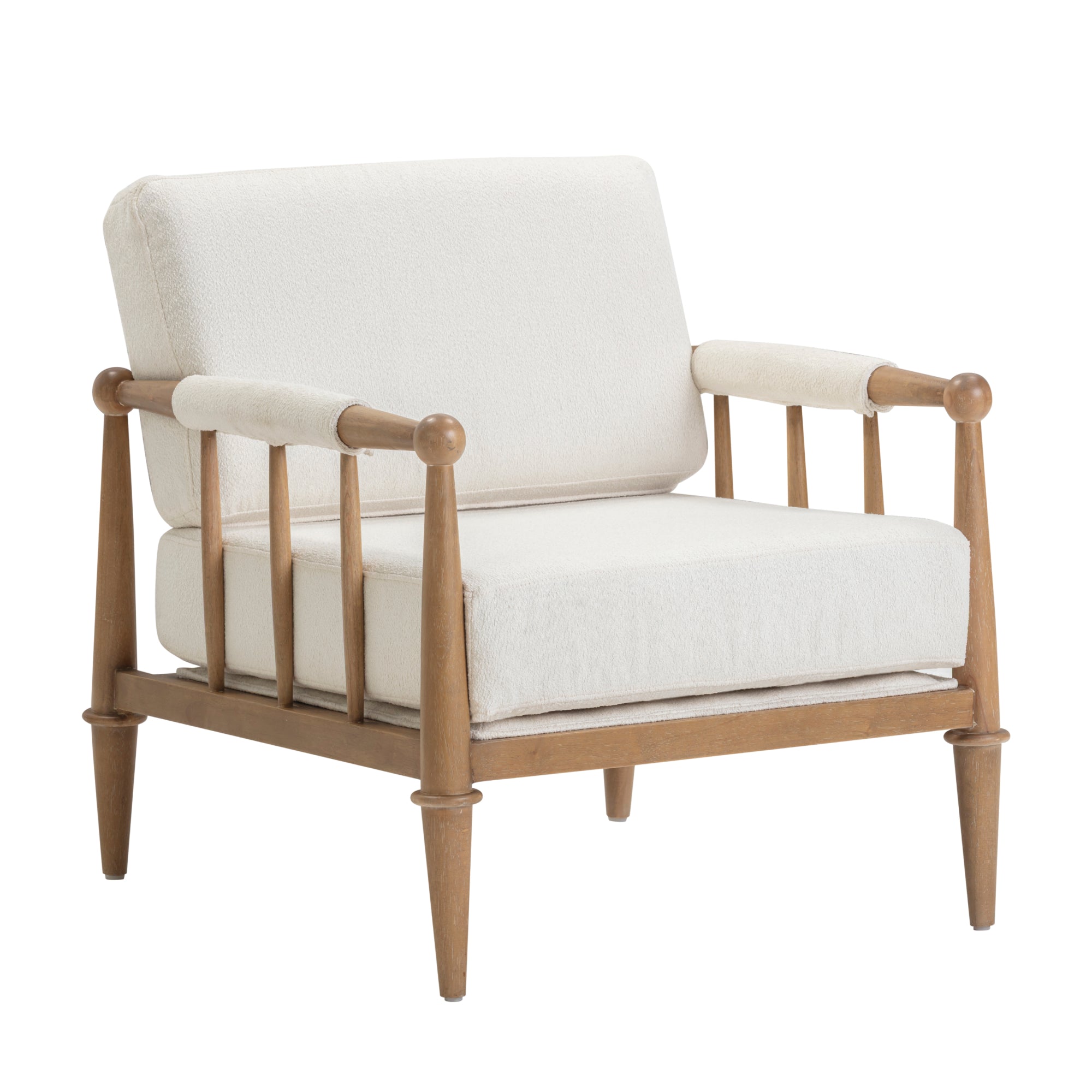 A modern accent chair with a light wooden frame, spindle armrests, and thick white upholstered cushions on the seat, back, and arms.