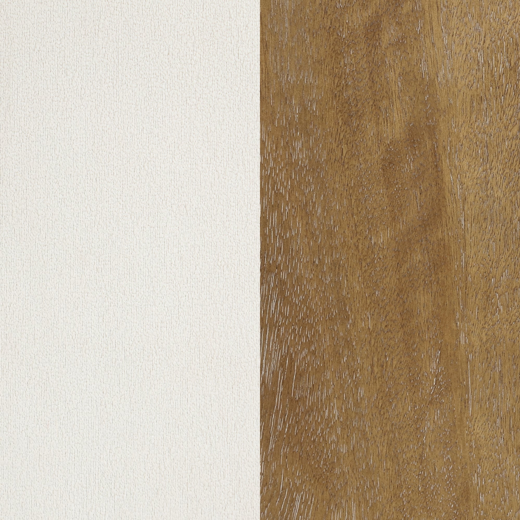 A vertical split image showing two contrasting textures: the left half is smooth and white, while the right half features a brown wood grain pattern with visible natural lines and textures.