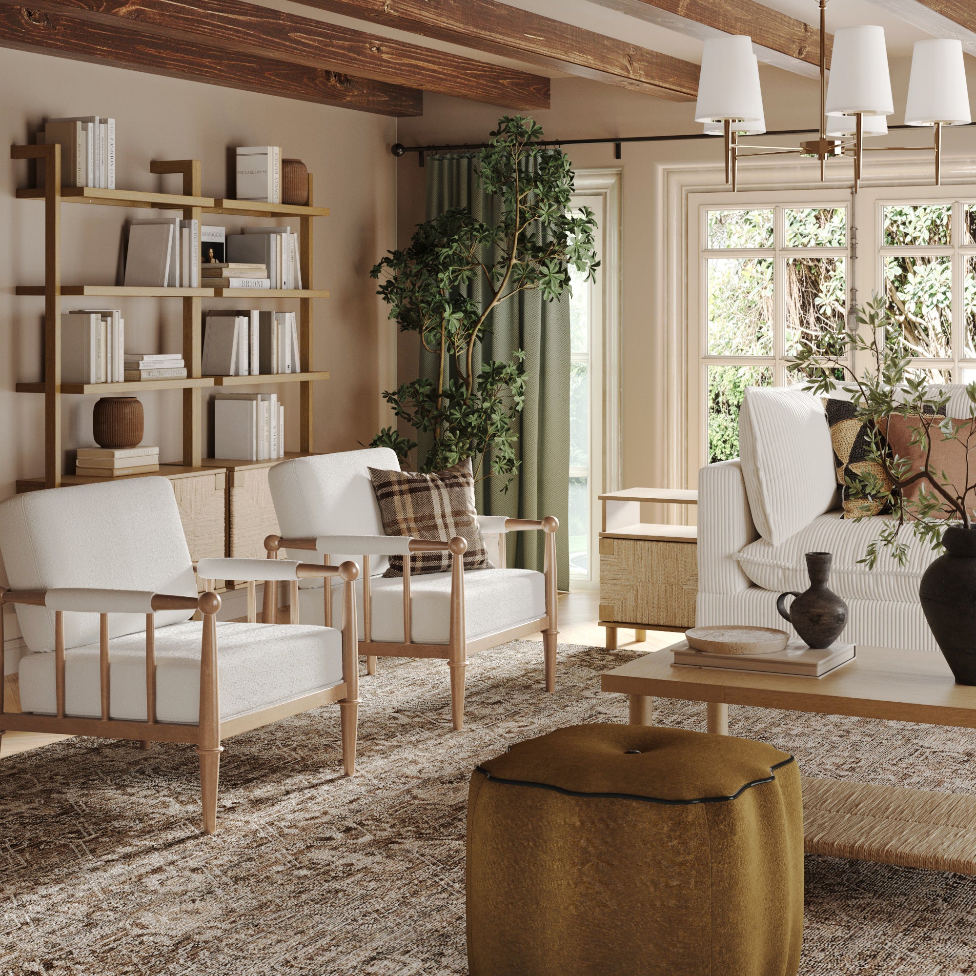 A cozy living room with wooden beams, white armchairs, a beige sofa, a green pouf, a large window, bookshelves, indoor plants, and a coffee table with decorative vases on a textured rug.