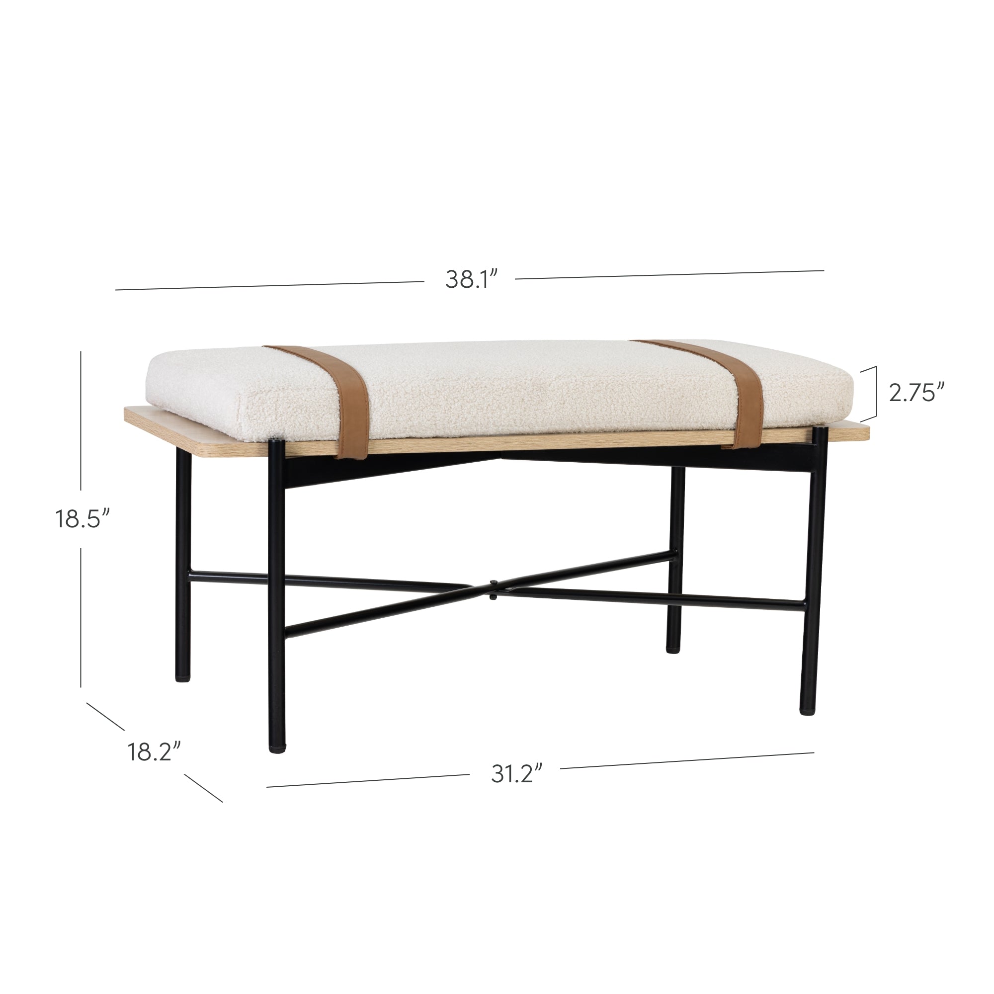 Modern bench with a cushioned white seat, brown straps, a light wood platform, and black metal legs. Dimensions are 38.1 wide, 18.5 tall, 18.2 deep, seat cushion is 2.75 thick, and base length is 31.2.