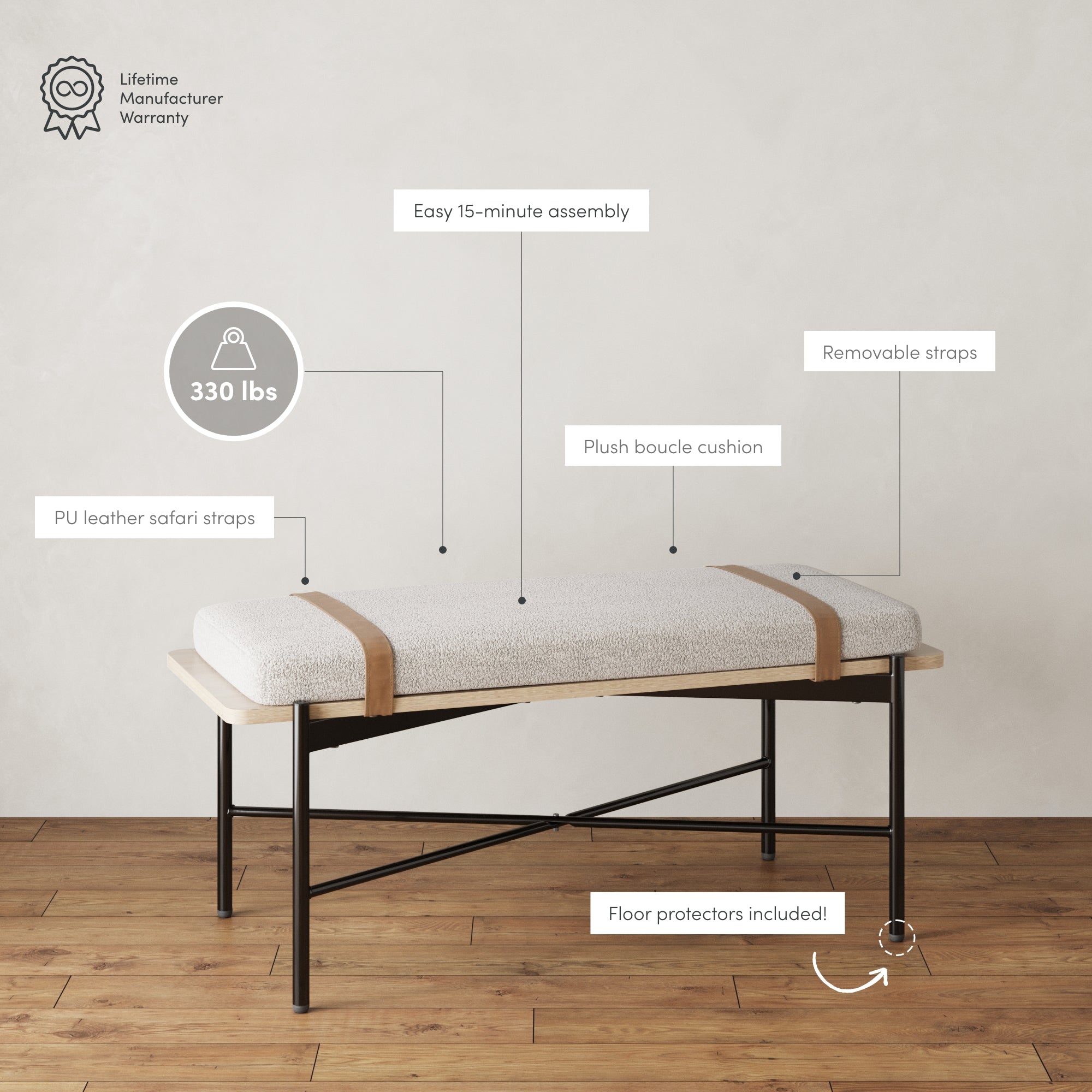 A modern bench with a plush boucle cushion, PU leather safari straps, black metal legs, and wood seat. Infographics highlight 330 lb capacity, 15-minute assembly, removable straps, and included floor protectors.