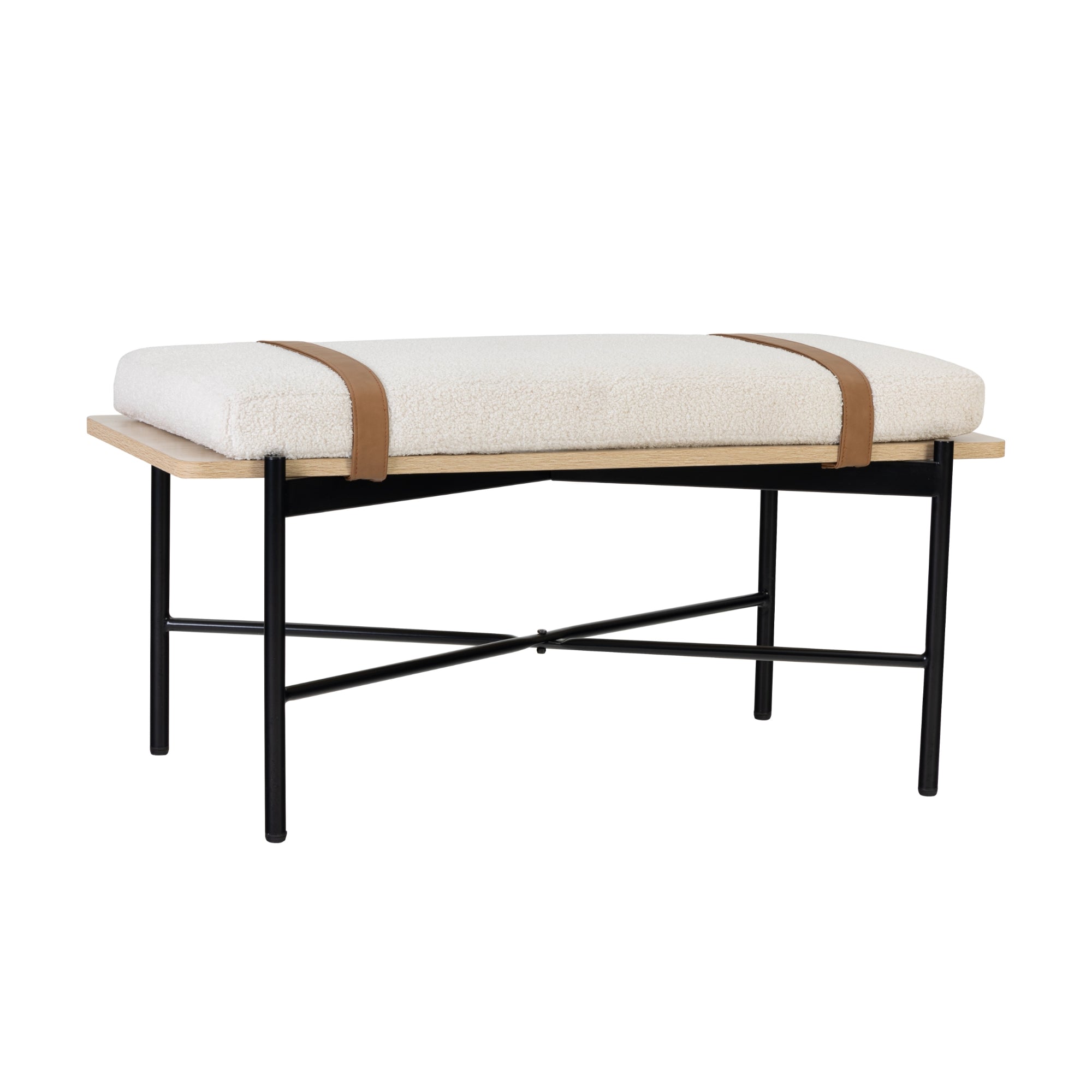 A modern bench with a black metal frame, light wood base, and a cushioned white seat secured by two brown leather straps.