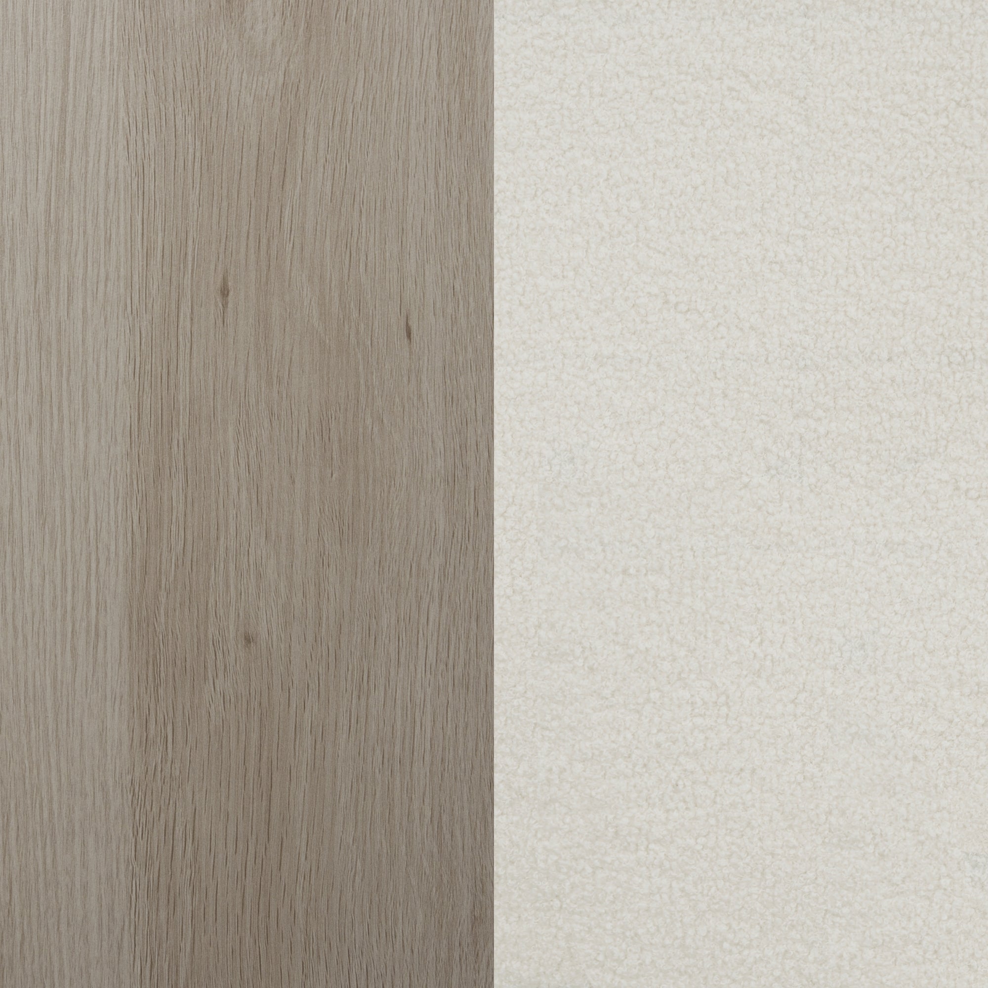 A vertical split image showing two textures: light brown wood grain on the left and off-white, soft, fuzzy fabric on the right.