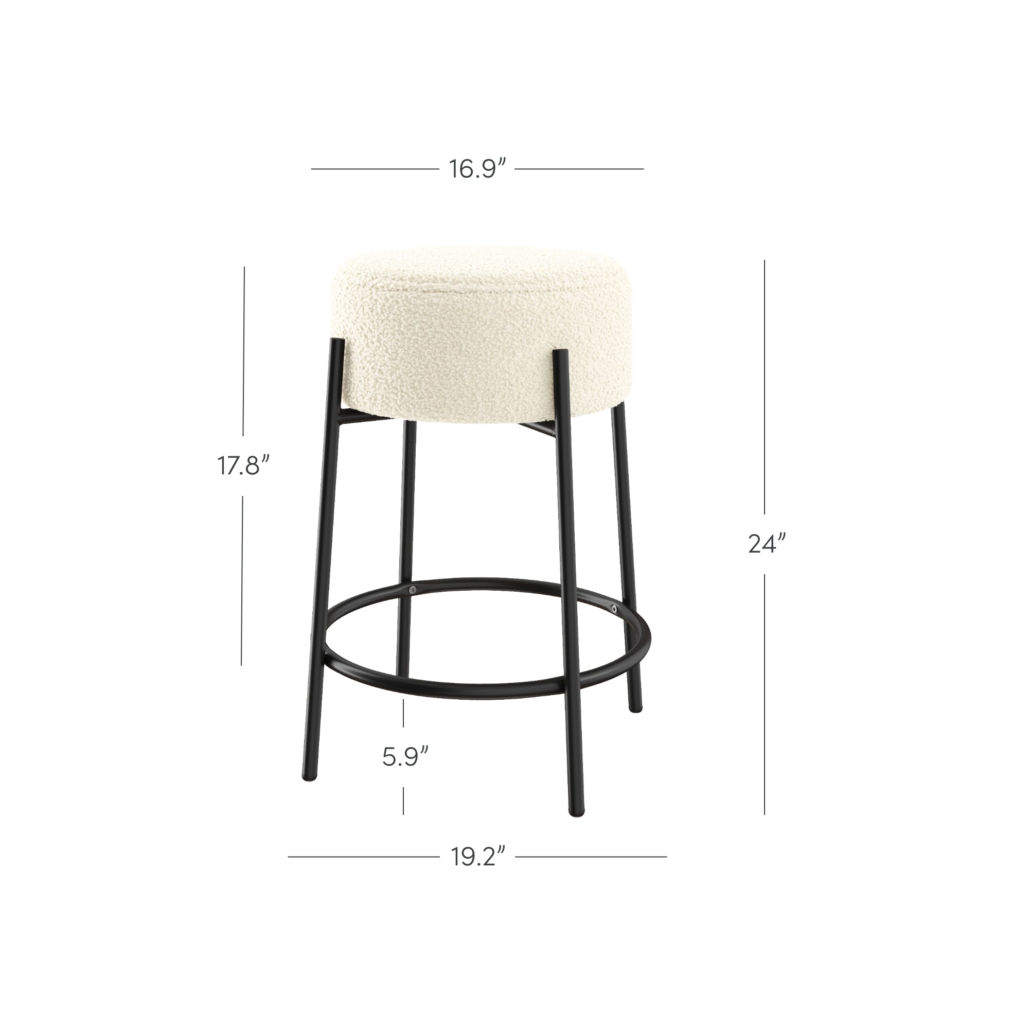 Modern round stool with a white cushioned seat and black metal legs. Dimensions are labeled: seat diameter 16.9, height 24, width between legs 19.2, distance from seat to top of legs 17.8, and leg space 5.9.