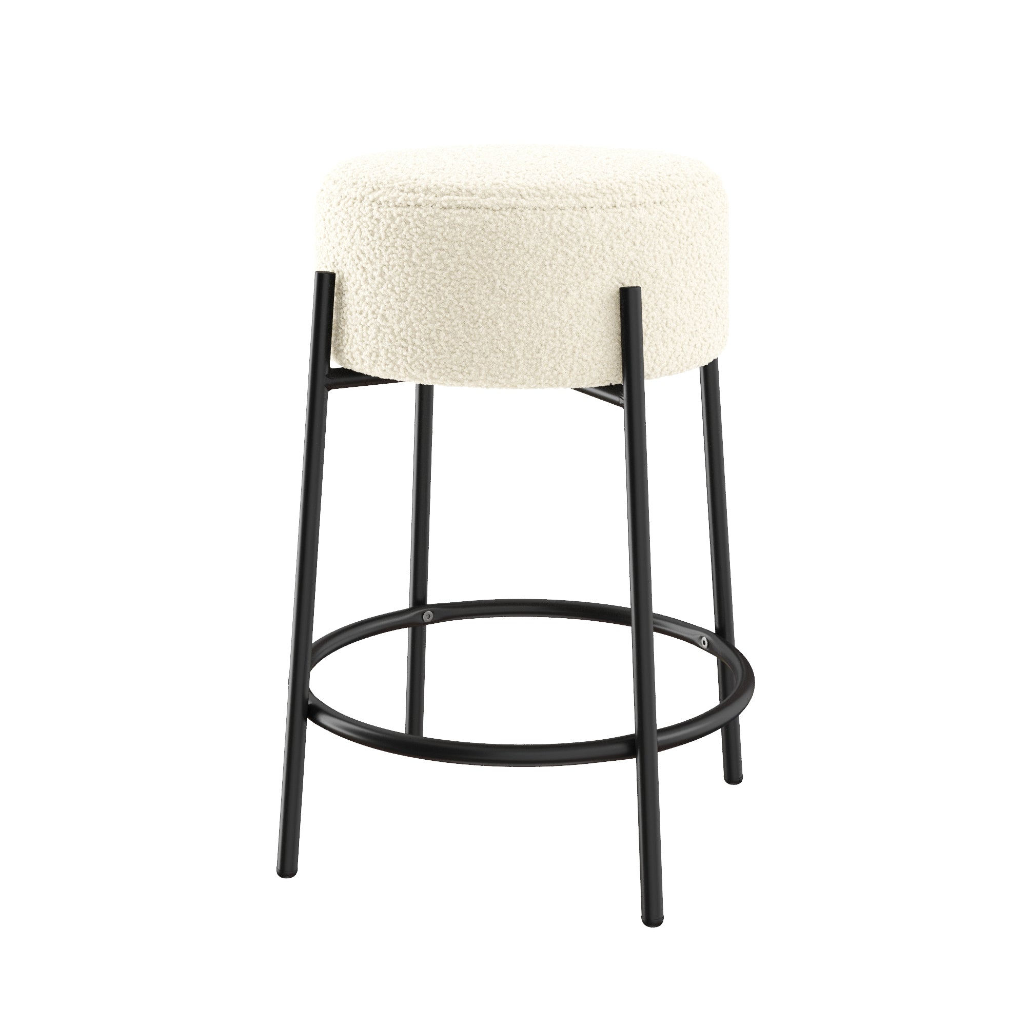 A modern stool with a round, cream-colored cushioned seat and four black metal legs connected by a circular footrest, set against a white background.