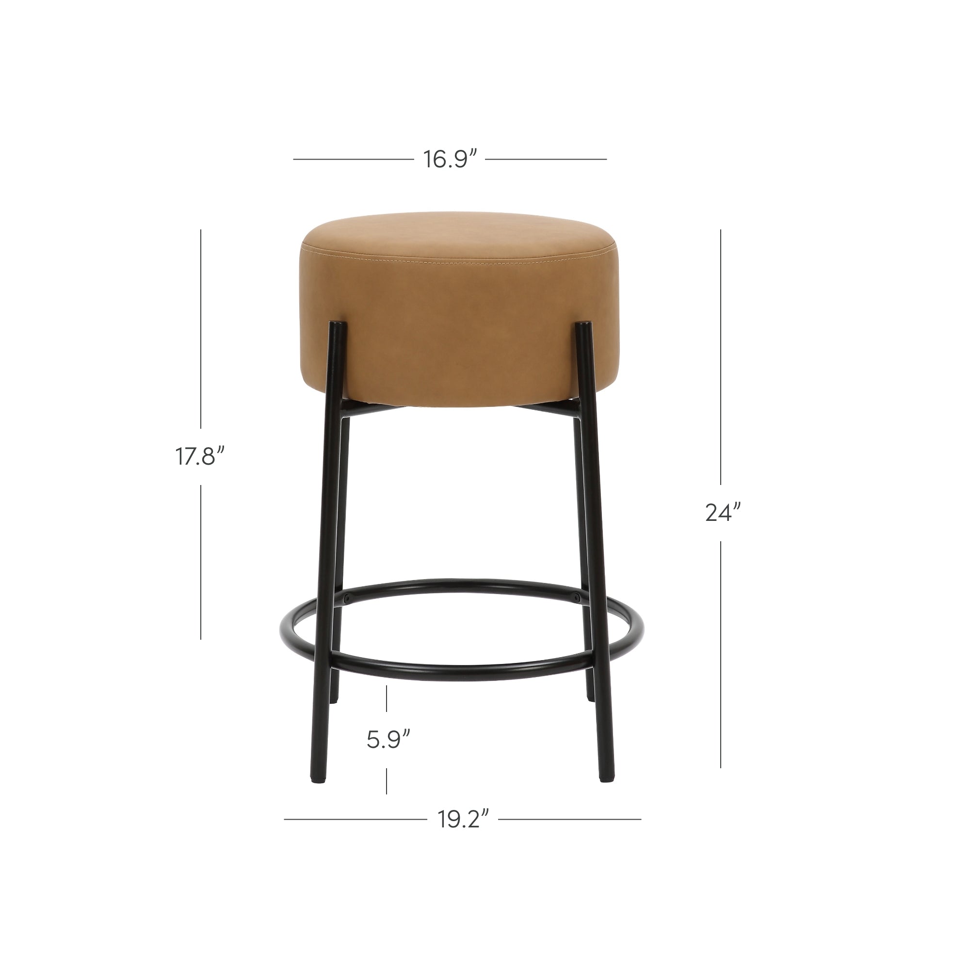 A brown round stool with a padded seat and black metal legs, featuring a circular footrest. Dimensions are 16.9 width, 17.8 depth, 24 height, 5.9 leg spacing, and 19.2 footrest width.