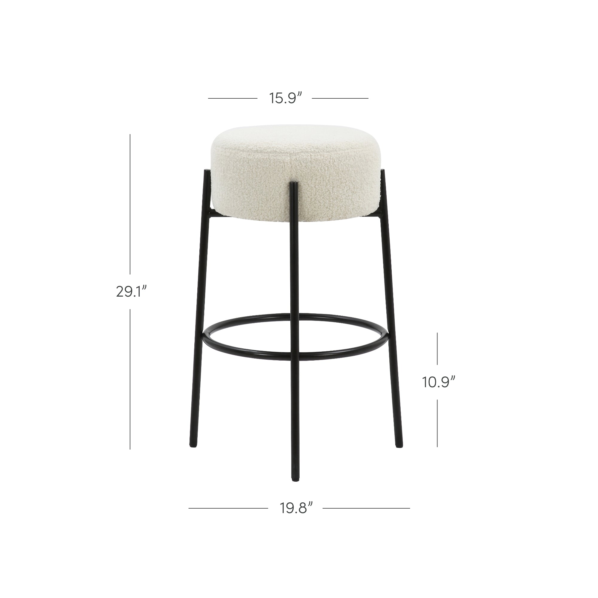 A modern bar stool with a round, cream-colored cushioned seat, black metal legs, and a circular footrest. Dimensions are marked: 29.1 tall, 19.8 wide, 15.9 seat diameter, and 10.9 from floor to footrest.