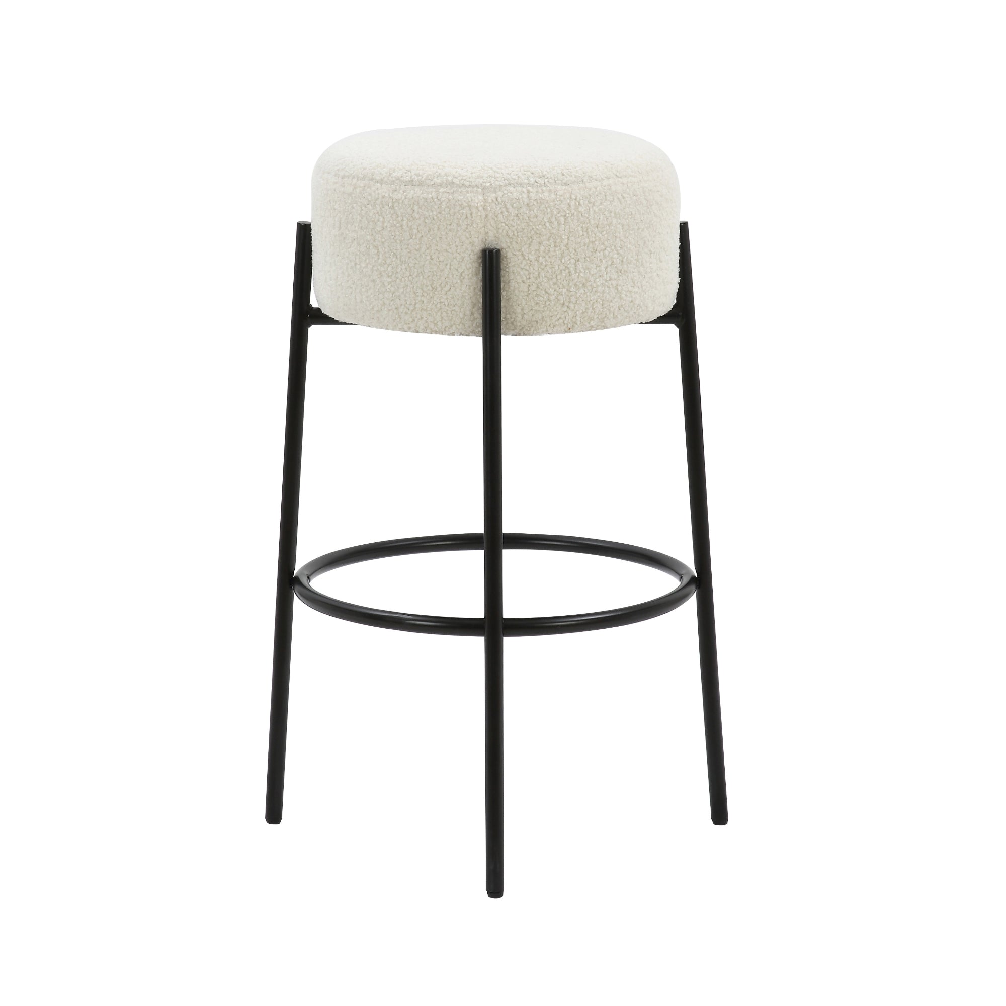 A modern bar stool with a round, white cushioned seat and four slim black metal legs connected by a circular footrest.