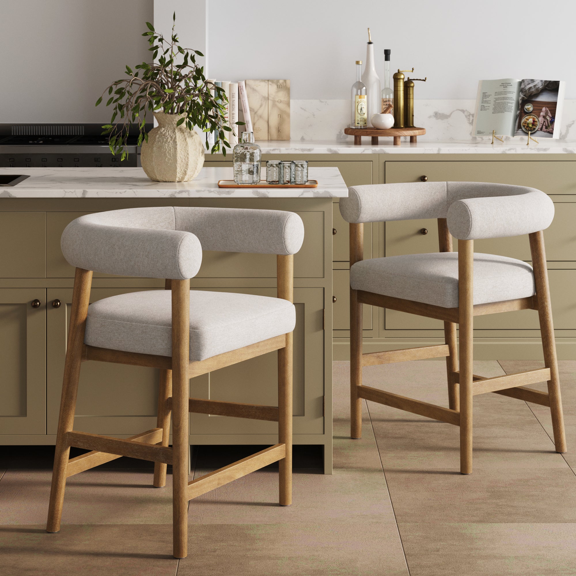 Modern Barrel Bar Stool with Curved Back Flax/Light Brown - Nathan James