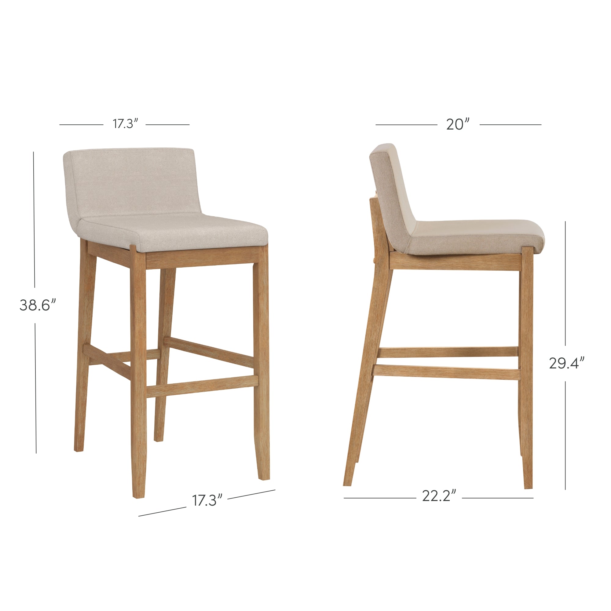 Two views of a bar stool with a light wood frame and beige cushioned seat and backrest. Dimensions are labeled, including height, width, depth, and seat height.