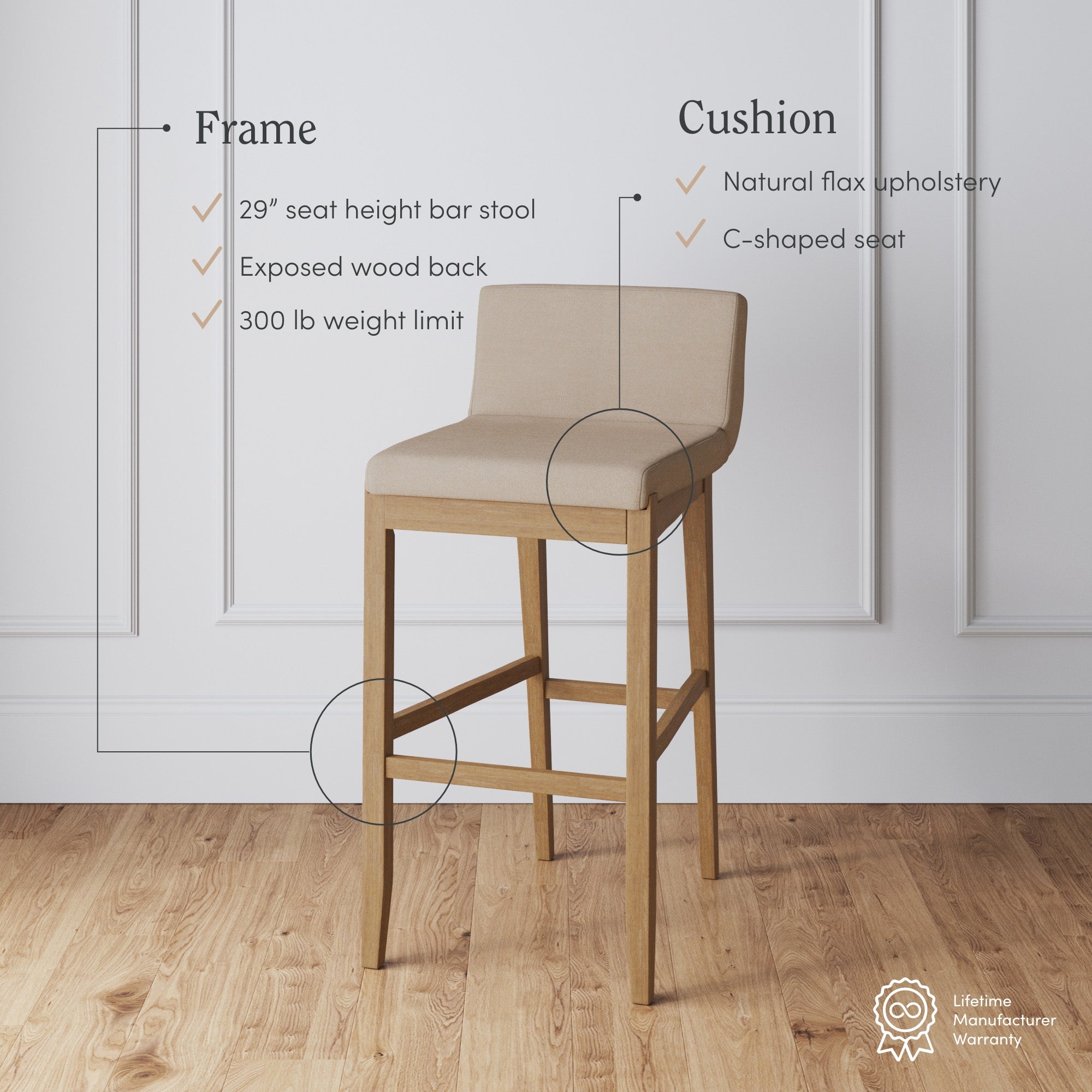A wooden bar stool with a natural flax upholstered, C-shaped cushion sits on a wood floor. Text highlights its 29 seat height, exposed wood back, 300 lb weight limit, and lifetime manufacturer warranty.