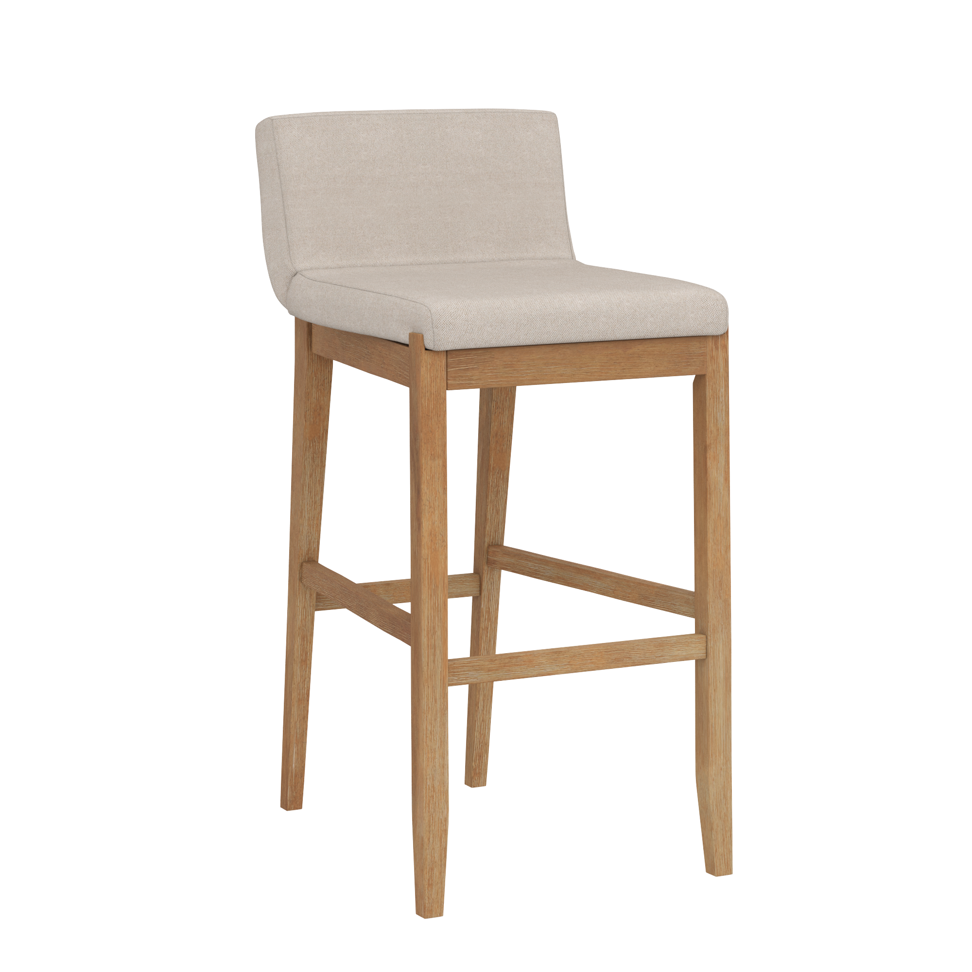 A modern bar stool with a light beige upholstered seat and backrest, featuring wooden legs and a footrest.
