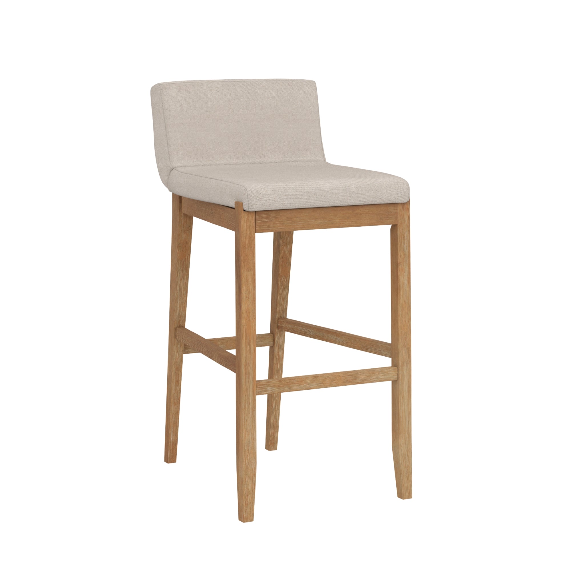 A wooden bar stool with a light beige upholstered seat and a low backrest. The stool has four straight wooden legs connected by horizontal supports.