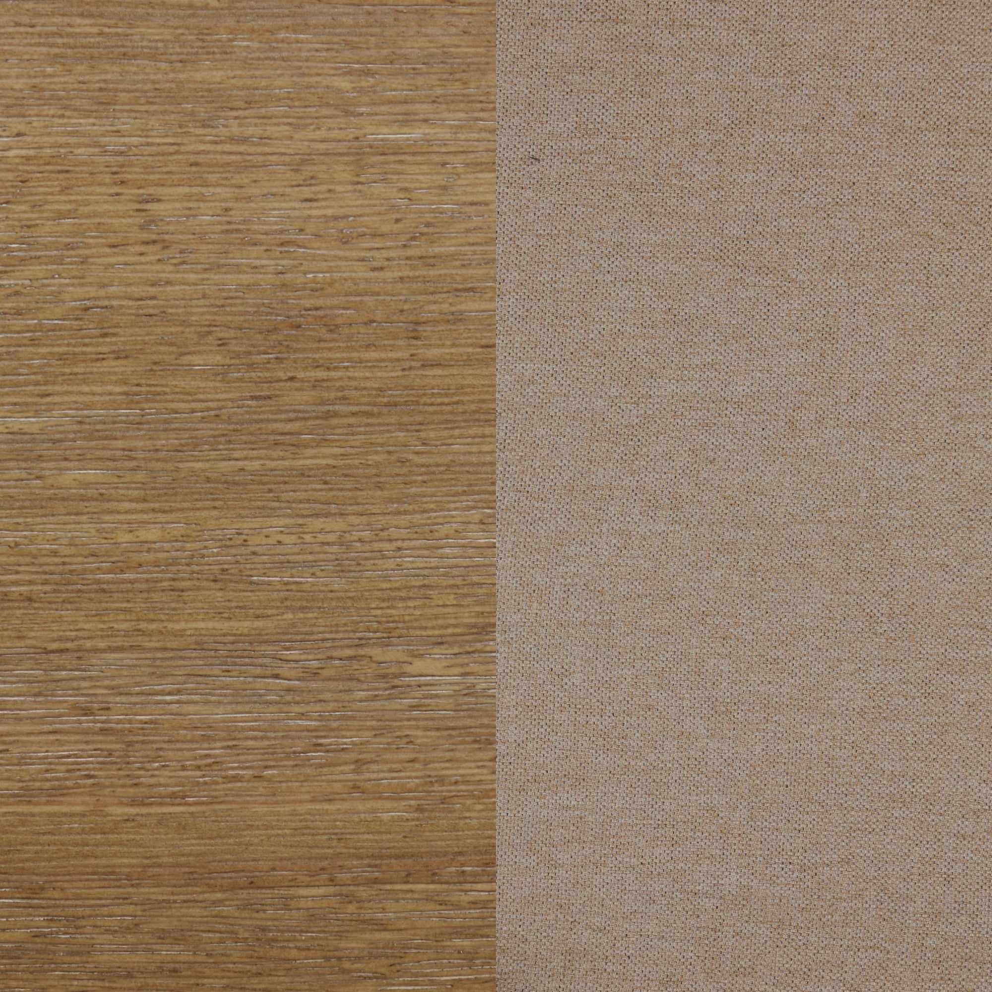 A split image showing two textures: the left side has a rough, horizontal wood grain pattern, while the right side has a smoother, beige woven fabric texture.