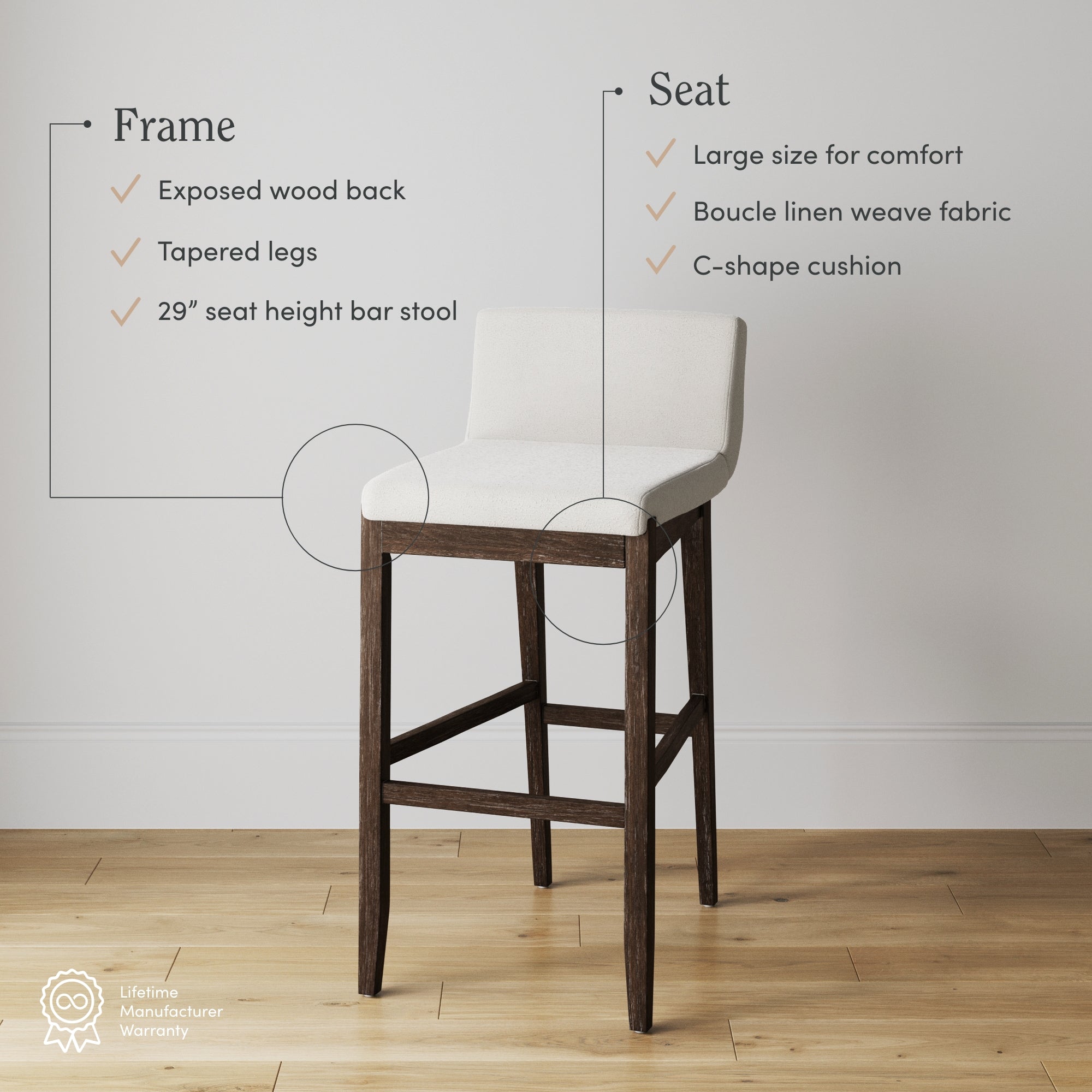 A tall bar stool with a cushioned, linen-weave cream seat and backrest, exposed wood back, tapered dark wood legs, and a footrest. Text highlights its comfort features and frame details. A warranty badge is in the corner.