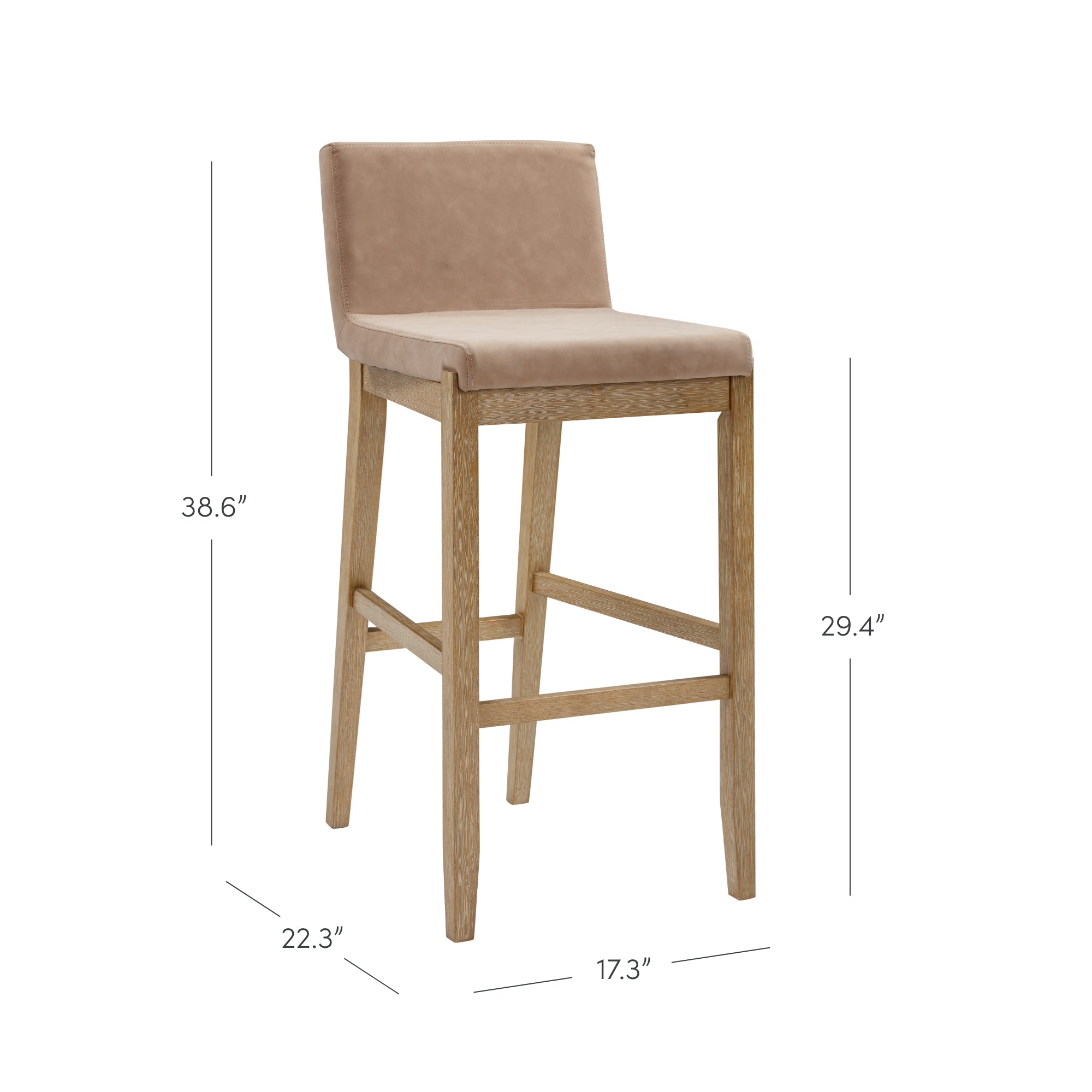 A beige upholstered bar stool with a wooden frame and four legs, featuring a low backrest. The chair measures 38.6 inches high, 22.3 inches deep, 17.3 inches wide, and has a seat height of 29.4 inches.