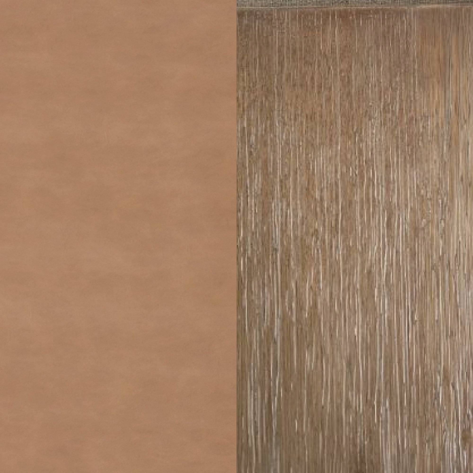 A split image: the left side shows smooth, light brown leather texture; the right side shows thin, vertical, straw-like brown strands hanging closely together.
