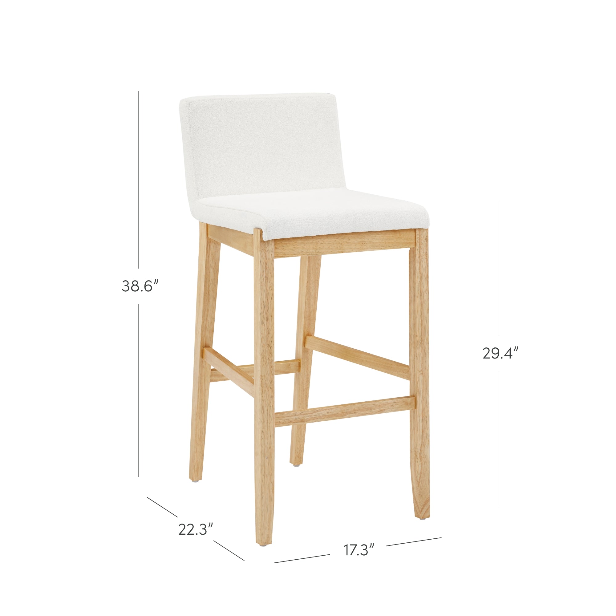 A wooden bar stool with a white cushioned seat and backrest. Dimensions are labeled: 38.6 height, 29.4 seat height, 22.3 depth, and 17.3 width.