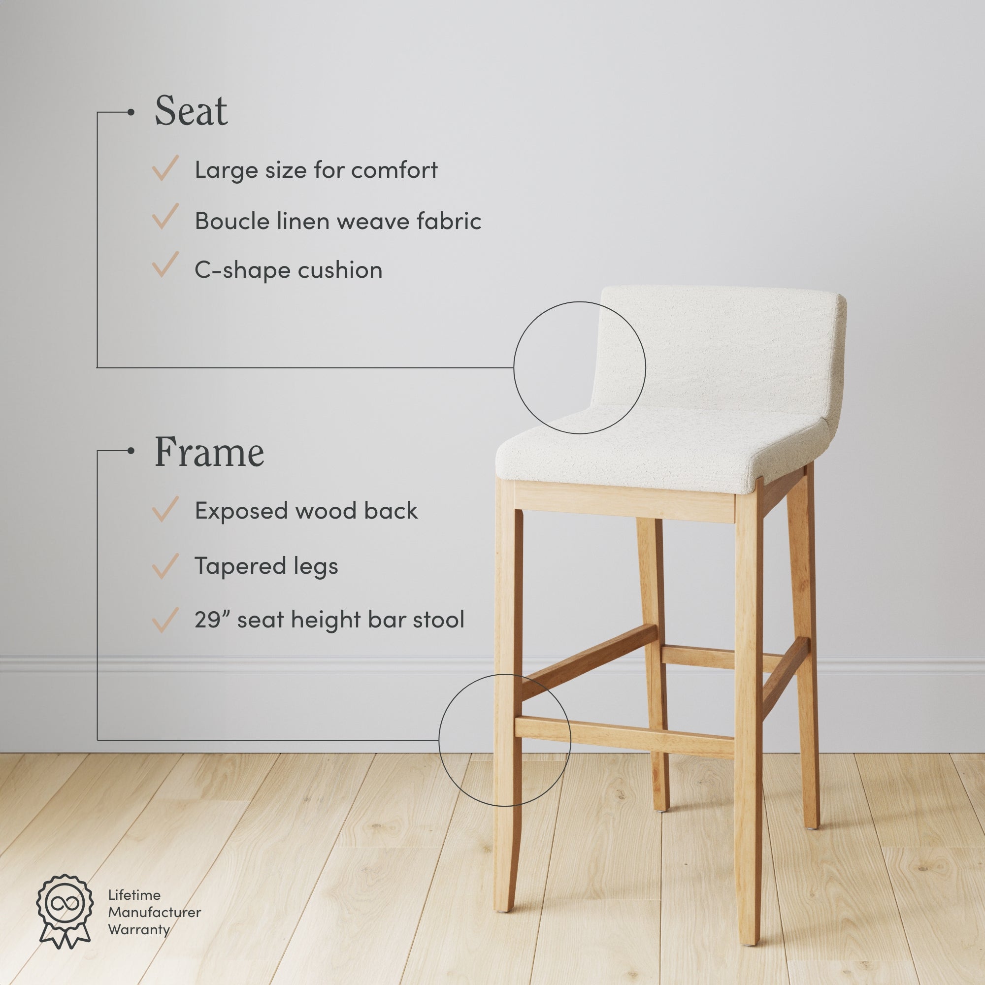 A modern, light wood bar stool with a cream fabric seat and backrest. Features noted include a large, C-shaped cushion, exposed wood back, tapered legs, and a 29” seat height. Text highlights comfort and fabric type.