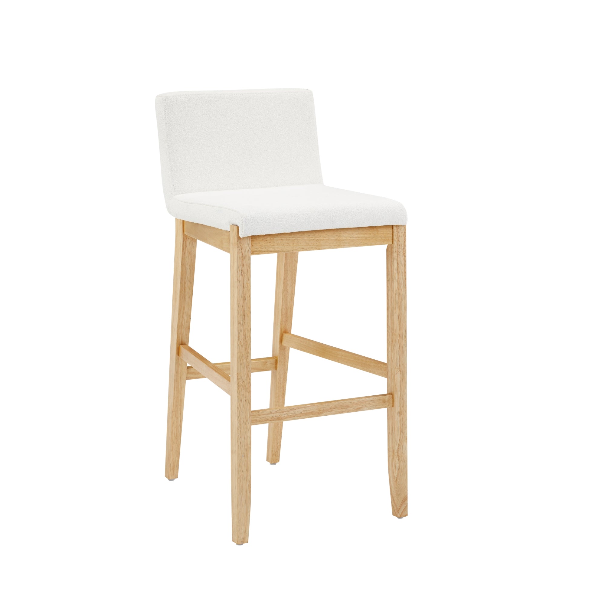 A modern bar stool with a light wooden frame, white upholstered seat, and a low, upholstered backrest. The stool has footrests connecting the legs for added support.