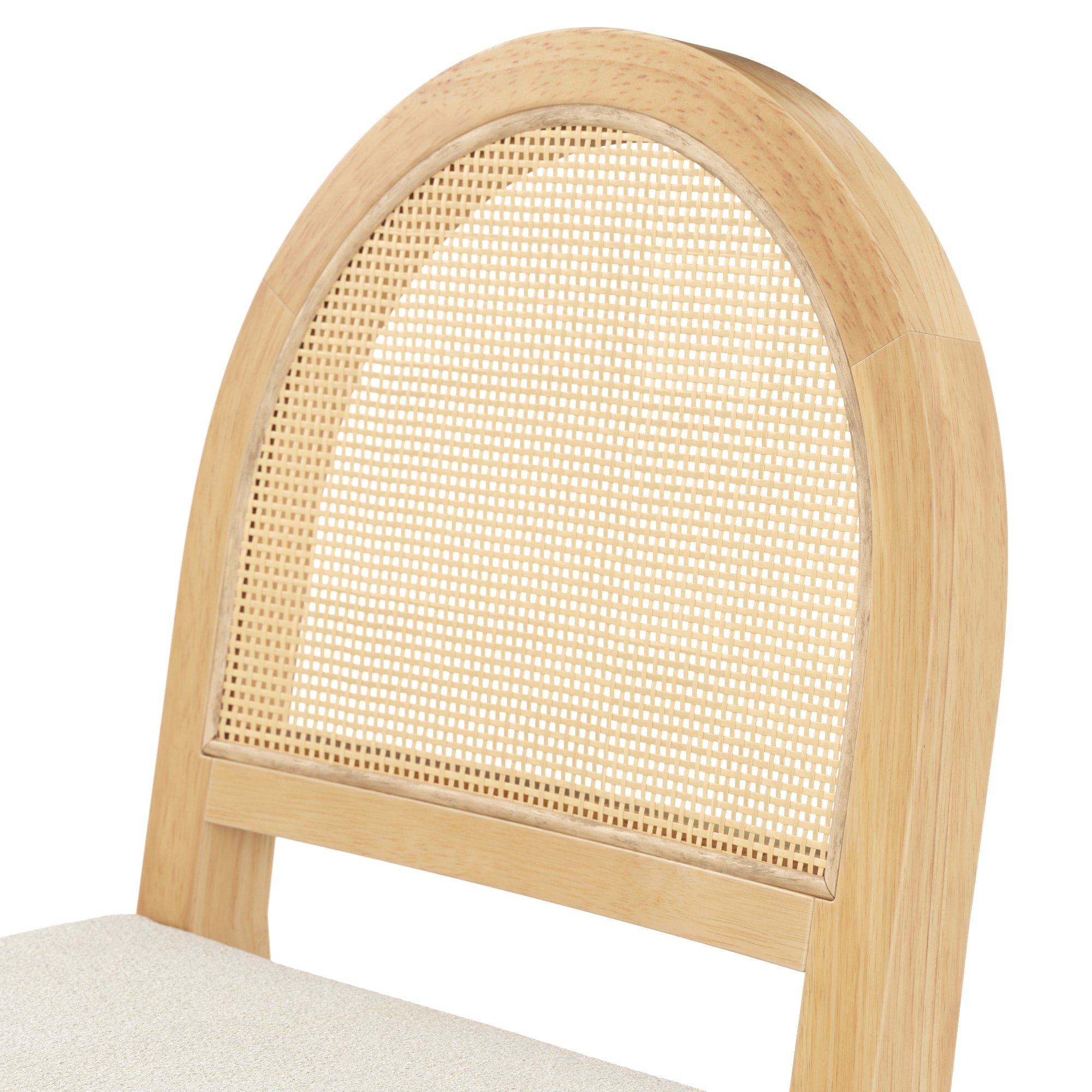 Close-up of a chair backrest featuring a light wood frame with an arched top and woven cane insert, and part of a light upholstered seat visible at the bottom.