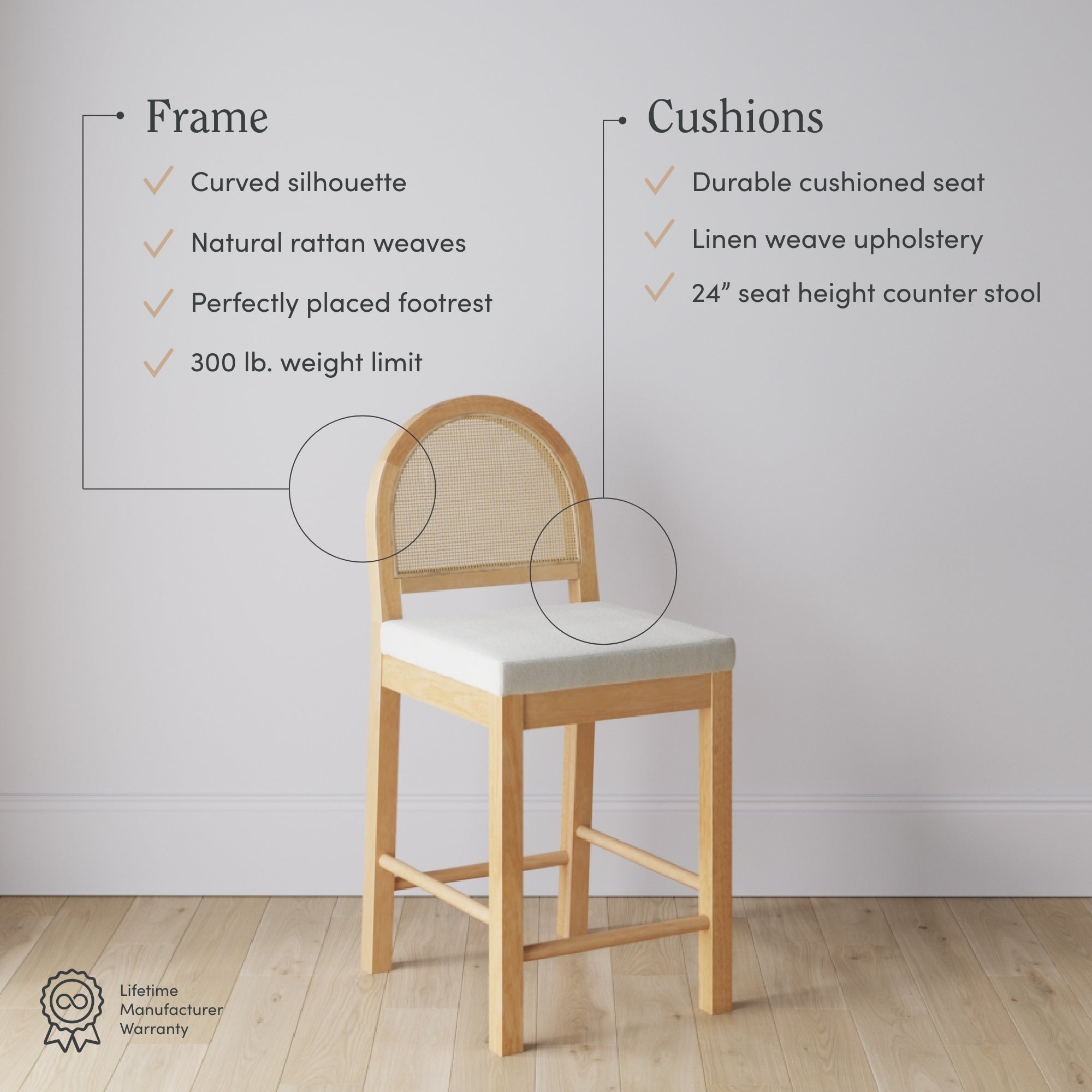 A light wood counter stool with a curved rattan back, cushioned linen seat, and footrest. Text highlights features: curved silhouette, rattan weaves, cushioned seat, 300 lb weight limit, and 24 seat height.