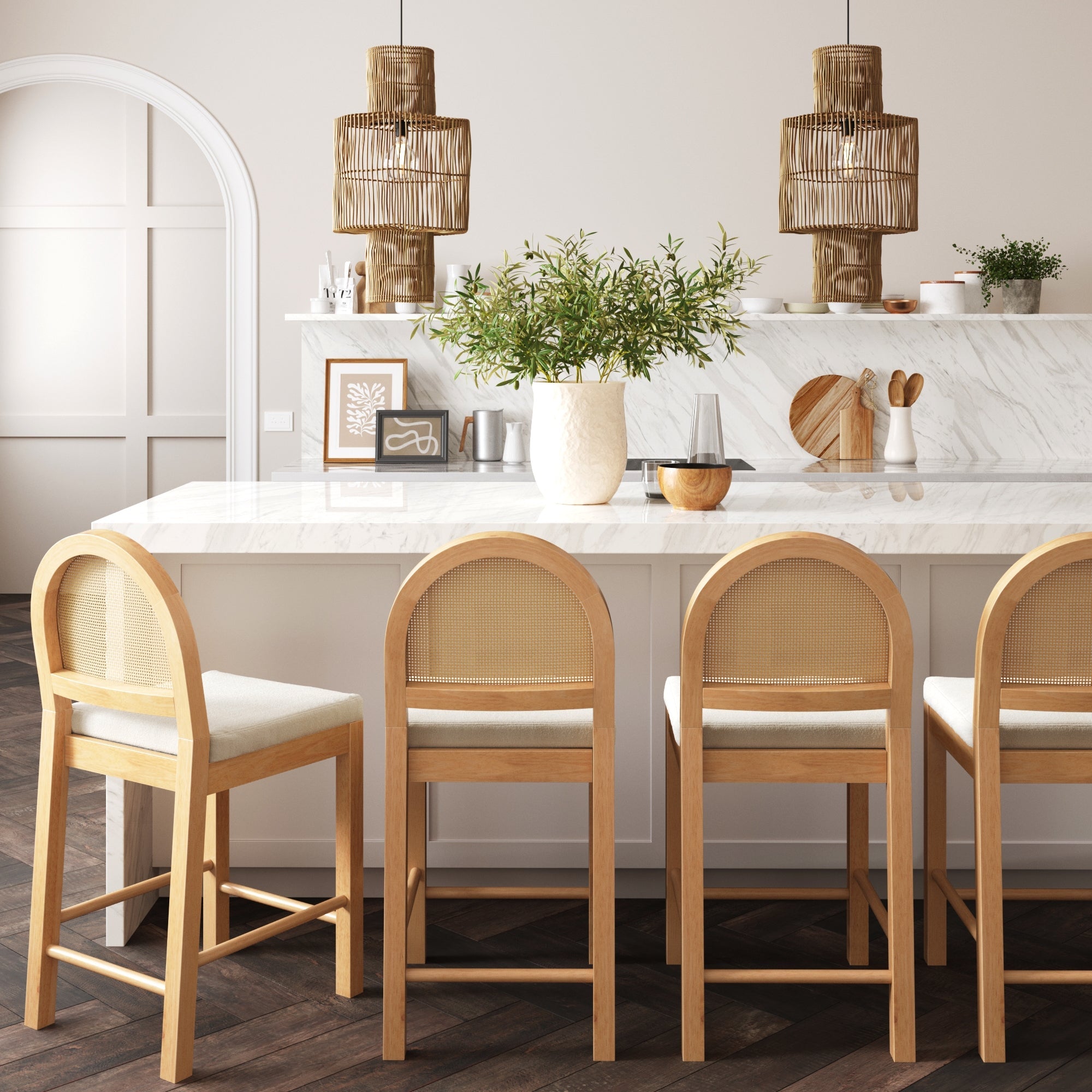 Boucle & Rattan Counter Height Bar Stools Warm Pine (Set of 4) - Nathan James