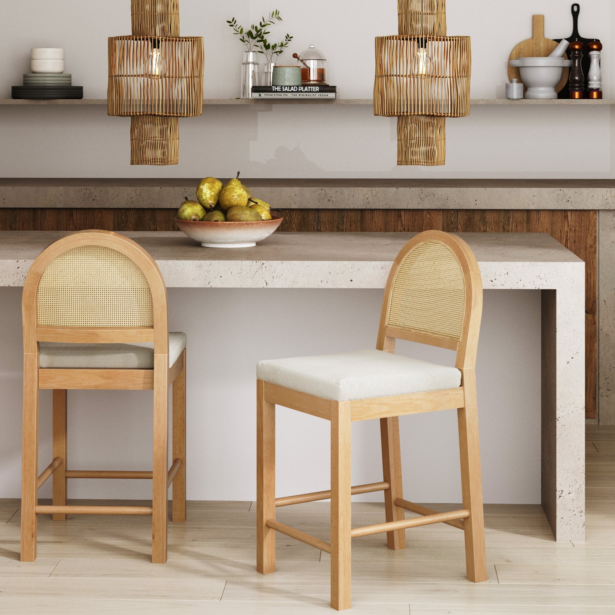 Boucle & Rattan Counter Height Bar Stools Warm Pine (Set of 2) - Nathan James