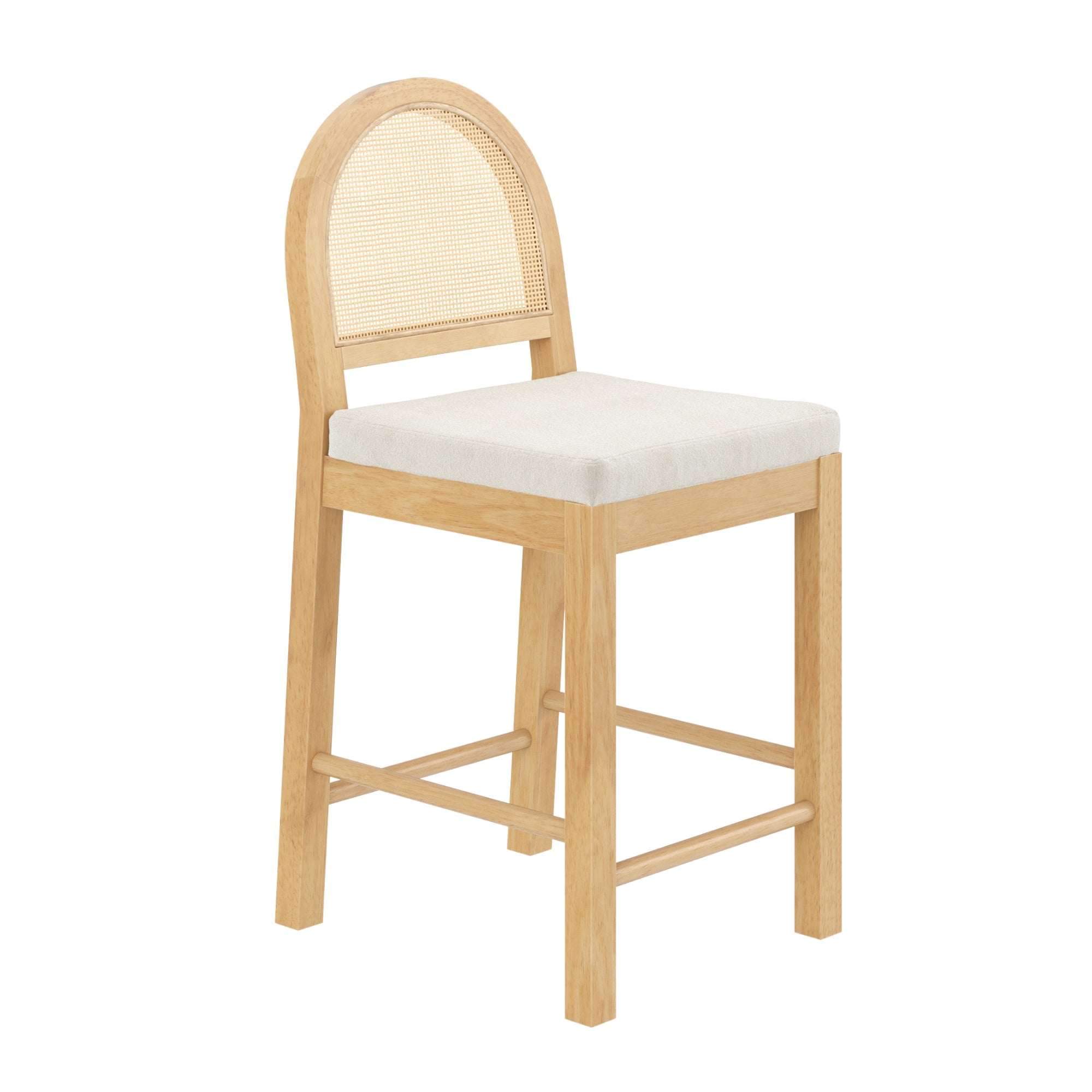 Light wood bar stool with a curved, woven rattan backrest and a cushioned, cream-colored seat. The stool has straight legs and crossbars for support.