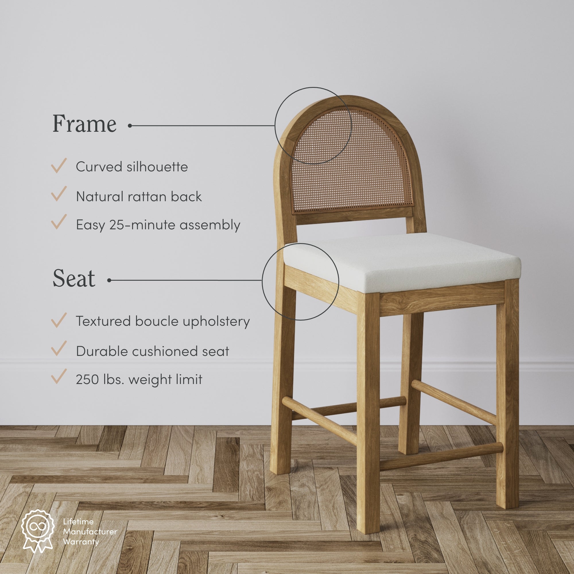 A wooden bar stool with a curved silhouette, natural rattan back, and white cushioned seat stands on a herringbone floor. Text highlights features: 25-minute assembly, textured upholstery, and a 250 lbs. weight limit.